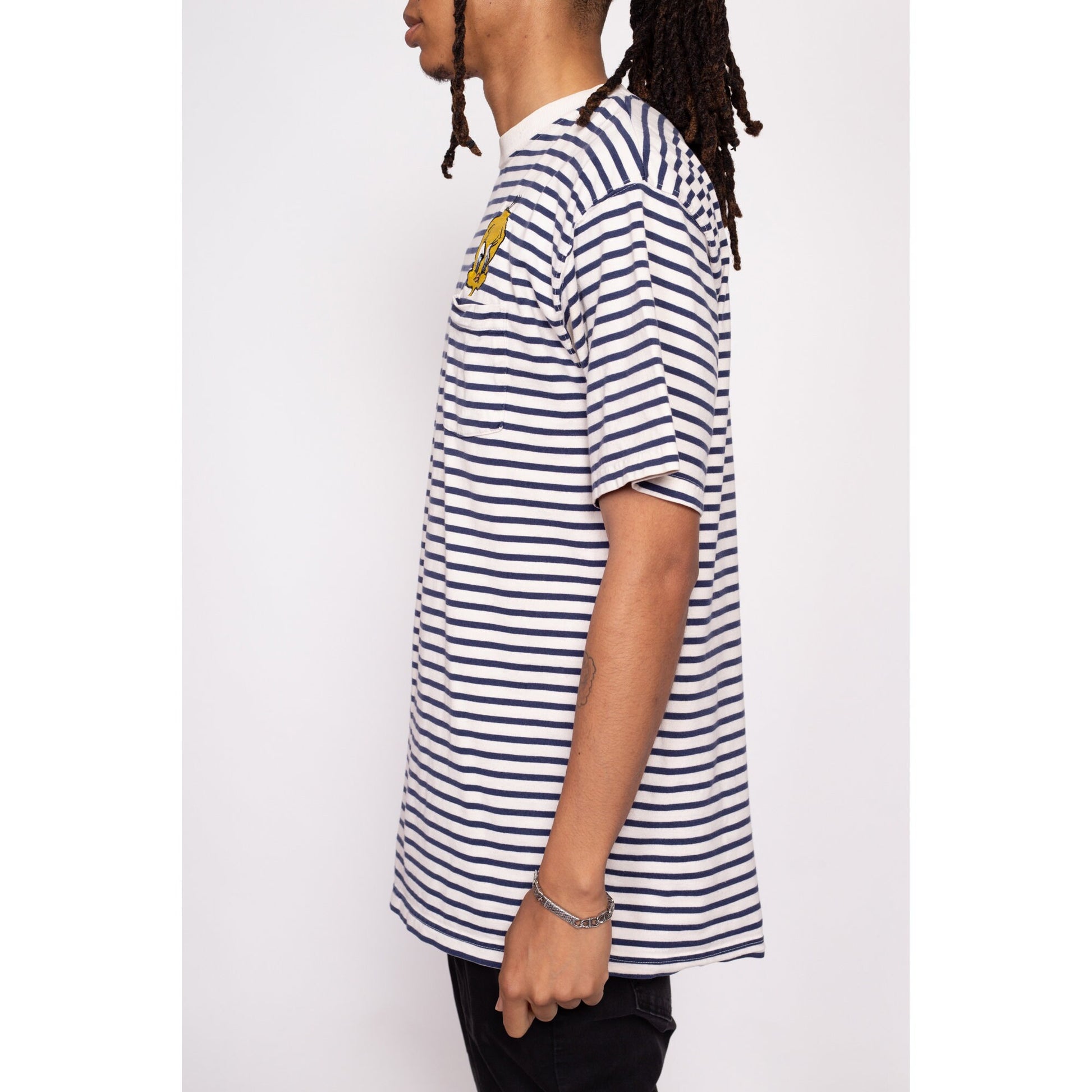 90s Tweety Bird Striped Pocket Tee - Men's Large | Vintage Looney Tunes Cartoon Embroidered Graphic T Shirt