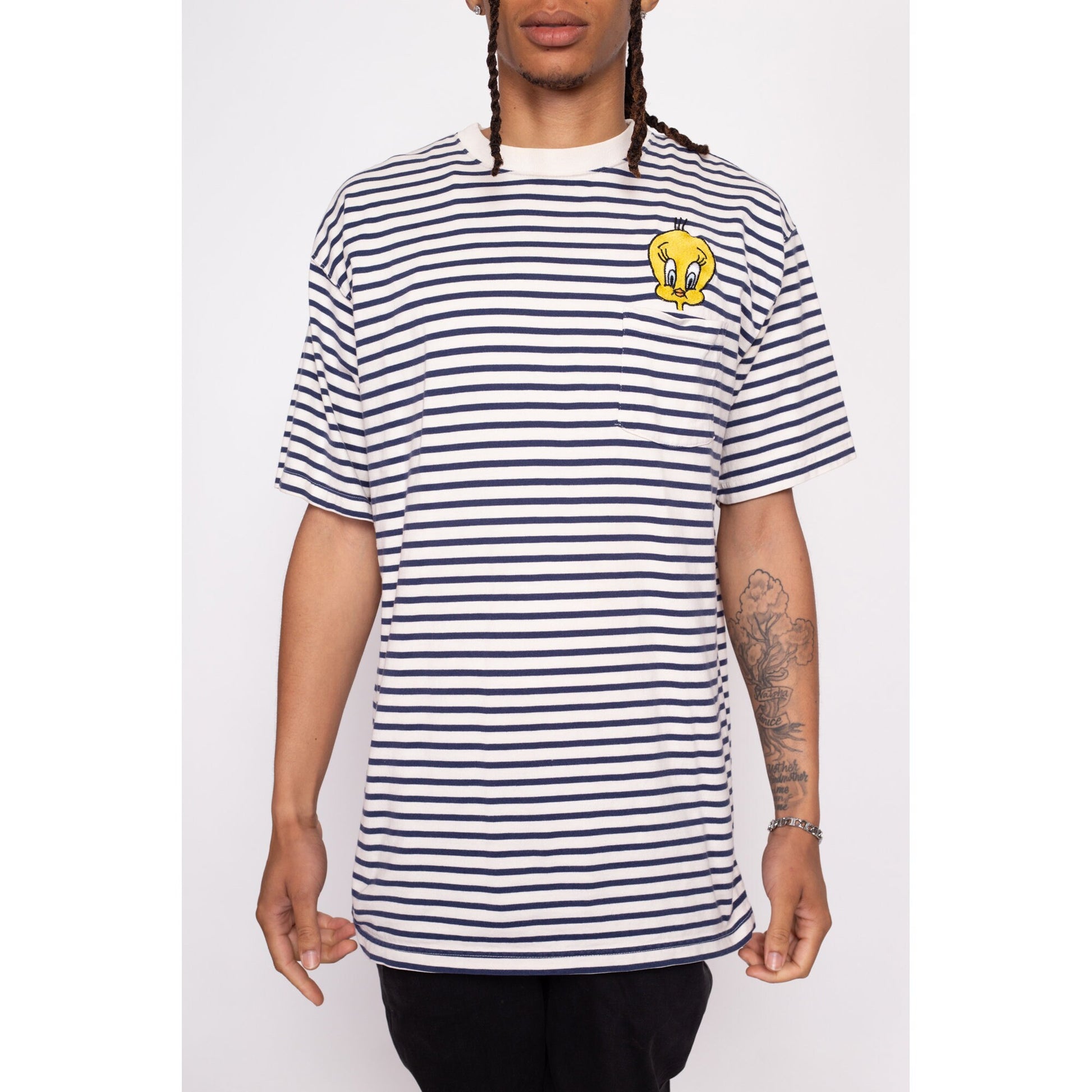 90s Tweety Bird Striped Pocket Tee - Men's Large | Vintage Looney Tunes Cartoon Embroidered Graphic T Shirt