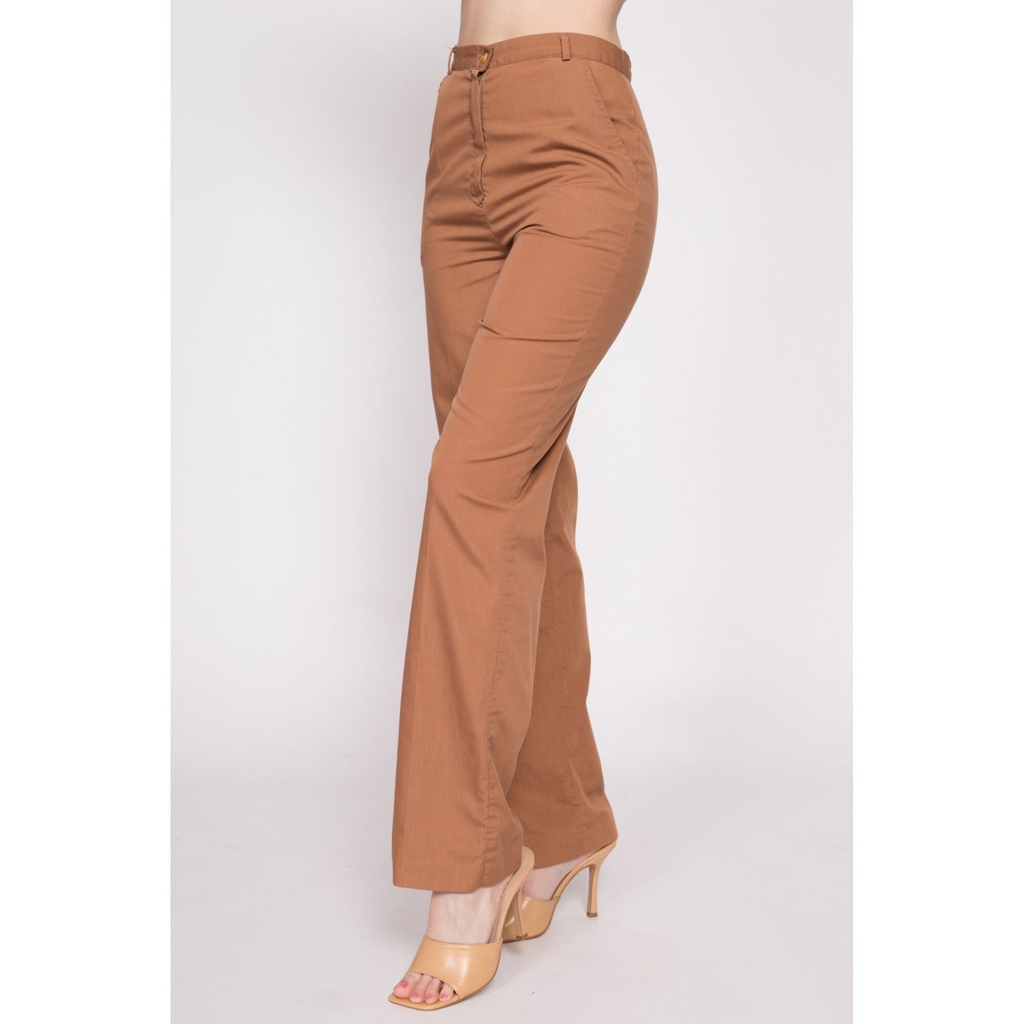 70s Cinnamon Brown High Waisted Pants - Small, 26" | Vintage Straight Leg Retro Plain Trousers