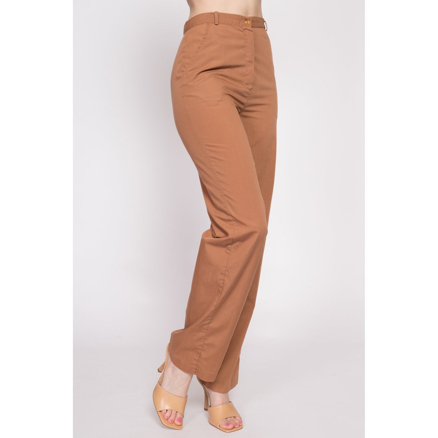 70s Cinnamon Brown High Waisted Pants - Small, 26" | Vintage Straight Leg Retro Plain Trousers