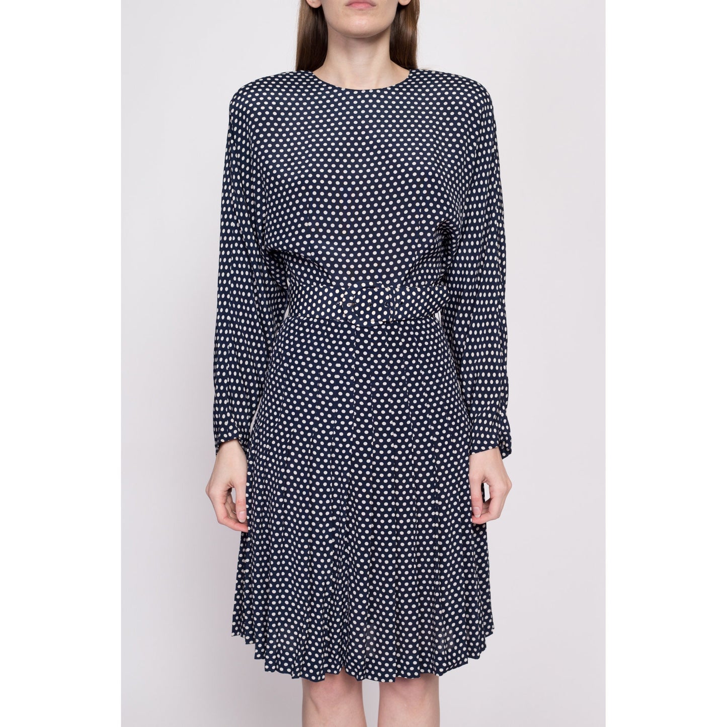 80s Polka Dot Belted Dolman Sleeve Dress - Small | Vintage Ann Tjian Kenar Navy Blue Pleated Secretary Midi Dress