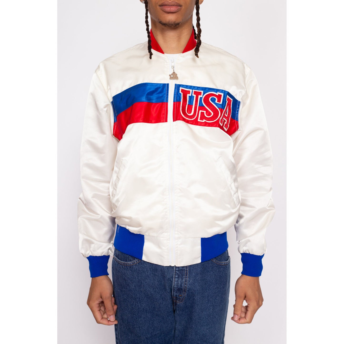 80s USA Satin Starter Jacket - Men's Medium, Women's Large | Vintage Red White Blue Color Block Windbreaker Bomber
