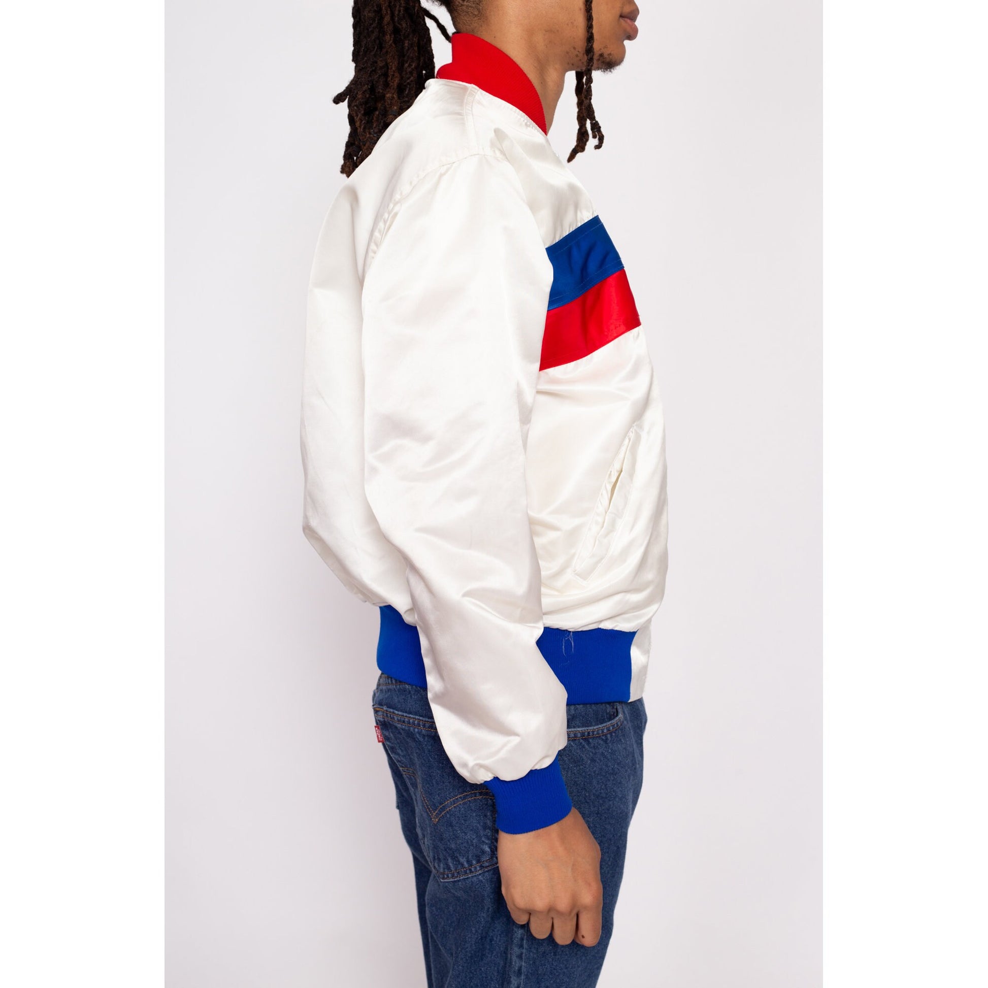 80s USA Satin Starter Jacket - Men's Medium, Women's Large | Vintage Red White Blue Color Block Windbreaker Bomber