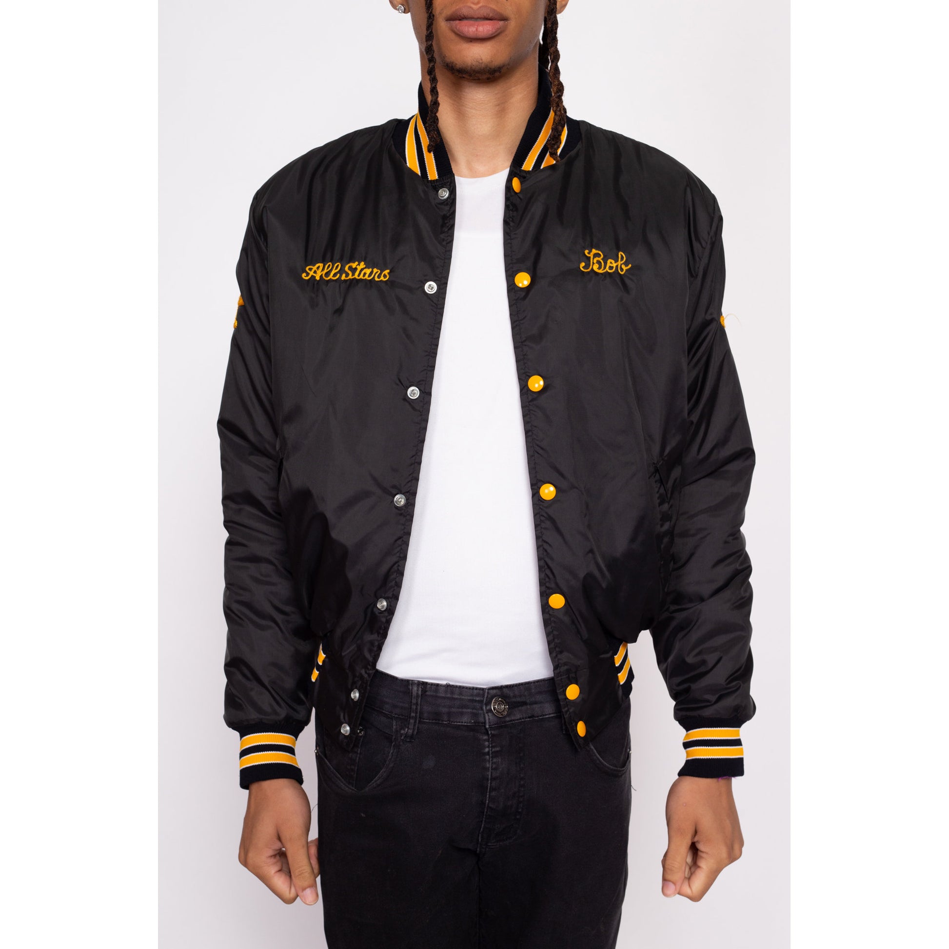 80s Baseball League Chainstitch Varsity Jacket - Men's Small | Vintage Striped Trim Embroidered Snap Button Team Bomber