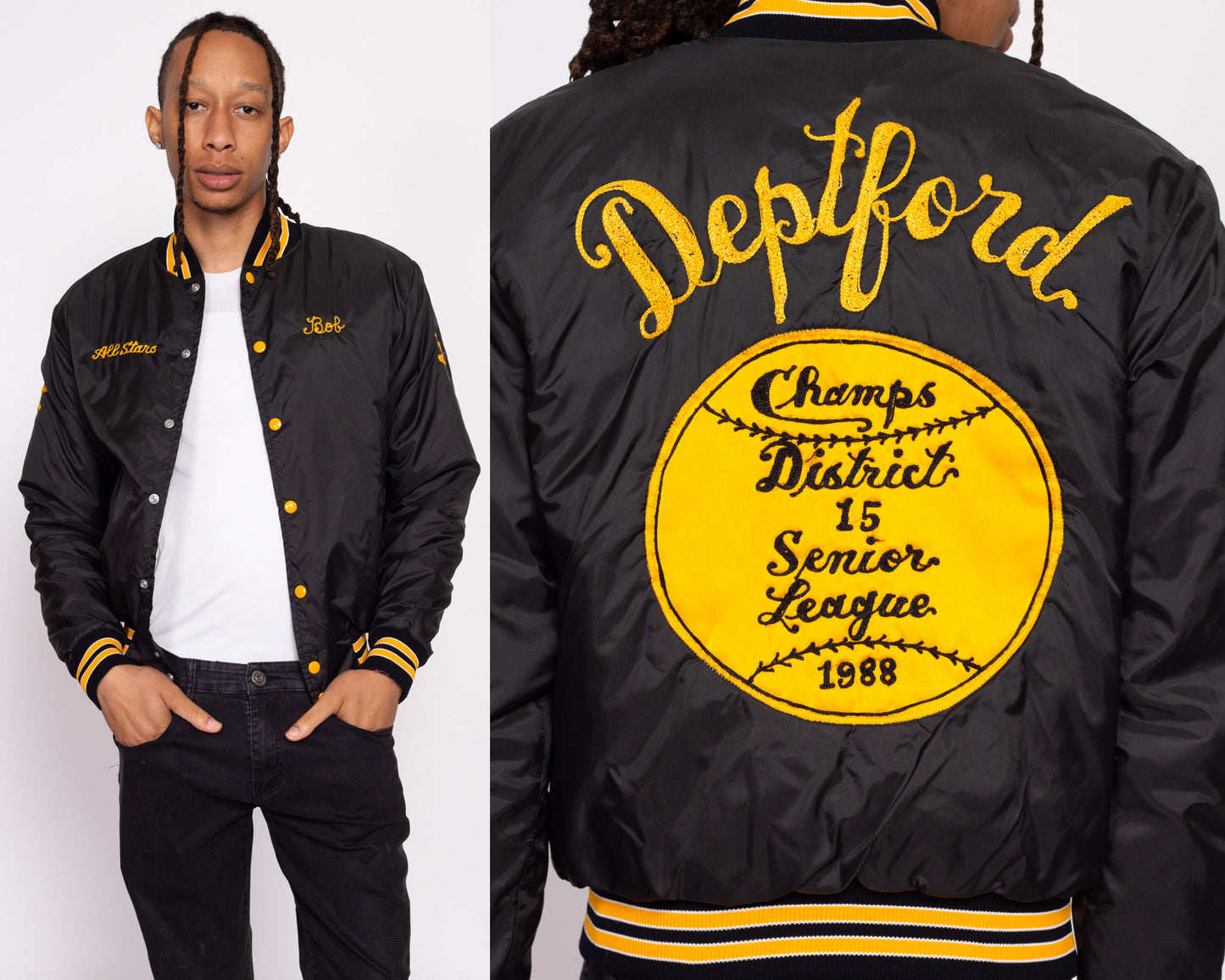 80s Baseball League Chainstitch Varsity Jacket - Men's Small | Vintage Striped Trim Embroidered Snap Button Team Bomber