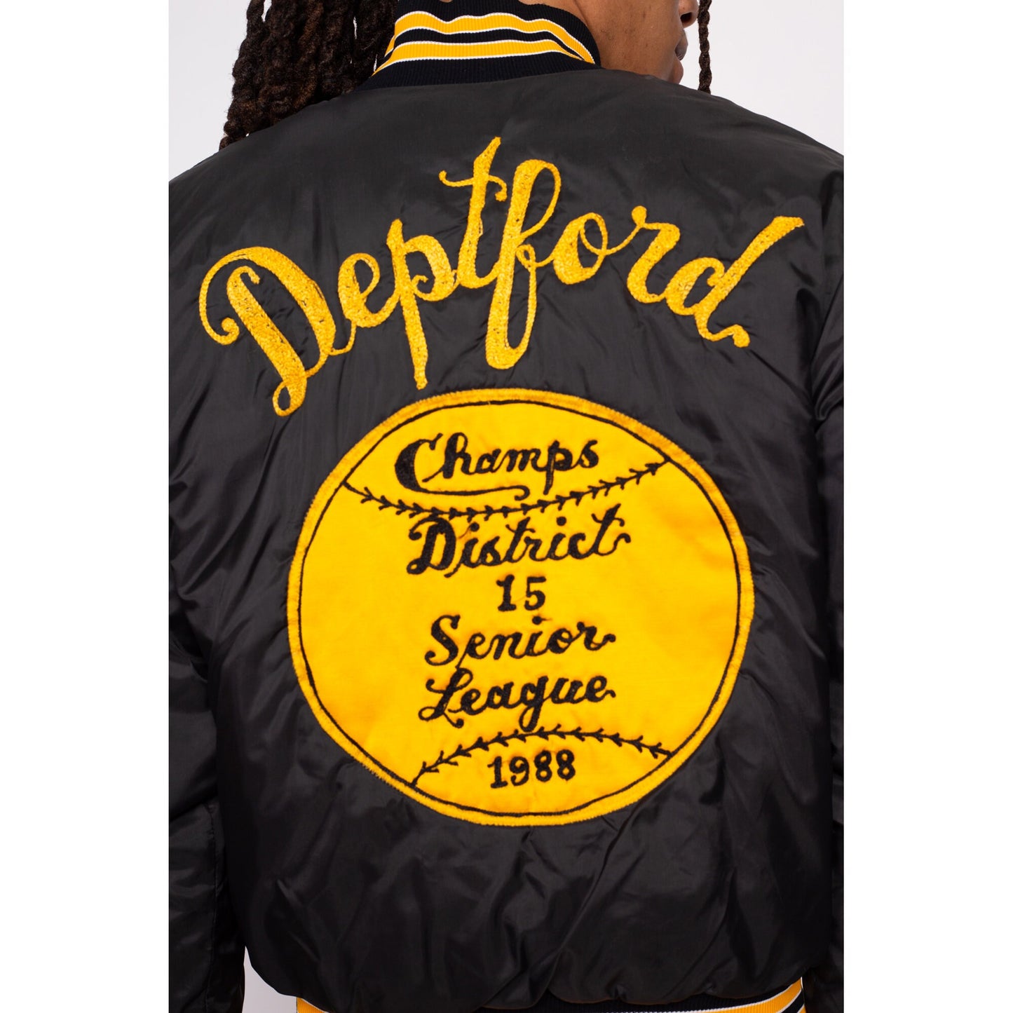 80s Baseball League Chainstitch Varsity Jacket - Men's Small | Vintage Striped Trim Embroidered Snap Button Team Bomber