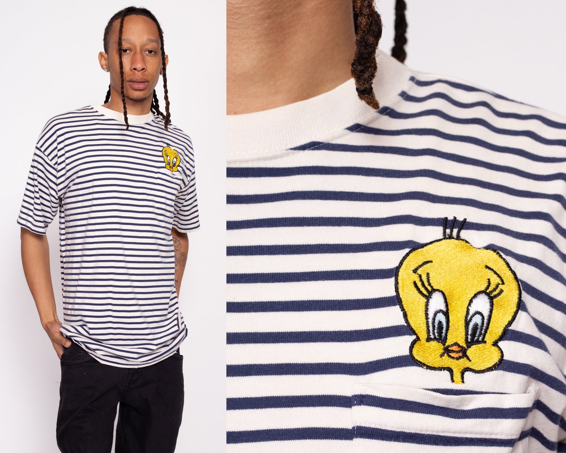 90s Tweety Bird Striped Pocket Tee - Men's Large | Vintage Looney Tunes Cartoon Embroidered Graphic T Shirt