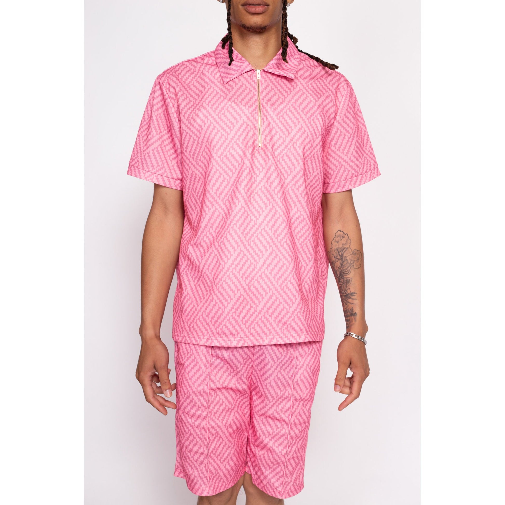 Pink Polo & Shorts Set - Men's Large | Geometric Print Zip Up Shirt Matching Outfit