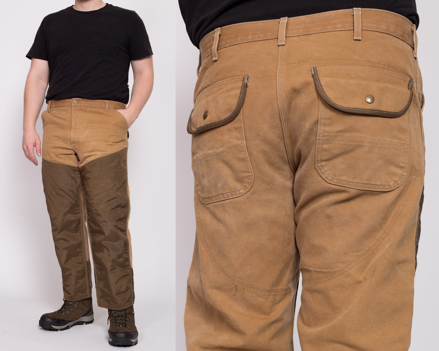 90s Carhartt Made In USA Canvas Upland Hunting Pants - 42x30 | Vintage Waterproof Panel Tan Brown Workwear Outdoors Pants