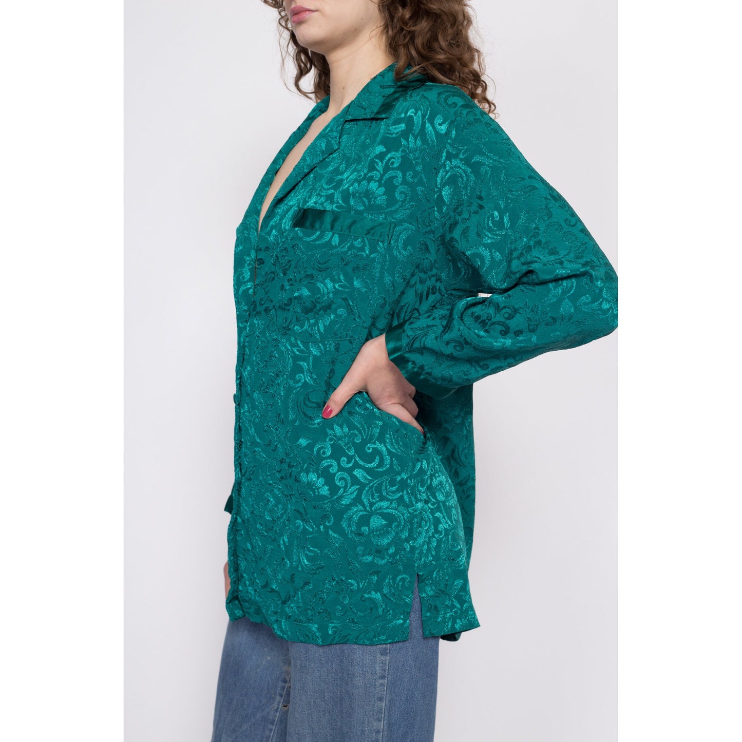 80s Victoria's Secret Jade Green Gold Crown Label Lounge Top - Small | Vintage Jacquard Satin Long Sleeve Pajama Shirt