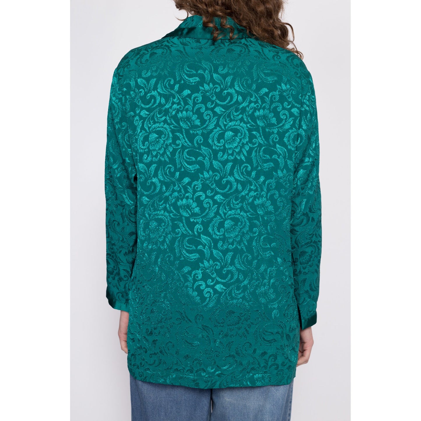 80s Victoria's Secret Jade Green Gold Crown Label Lounge Top - Small | Vintage Jacquard Satin Long Sleeve Pajama Shirt