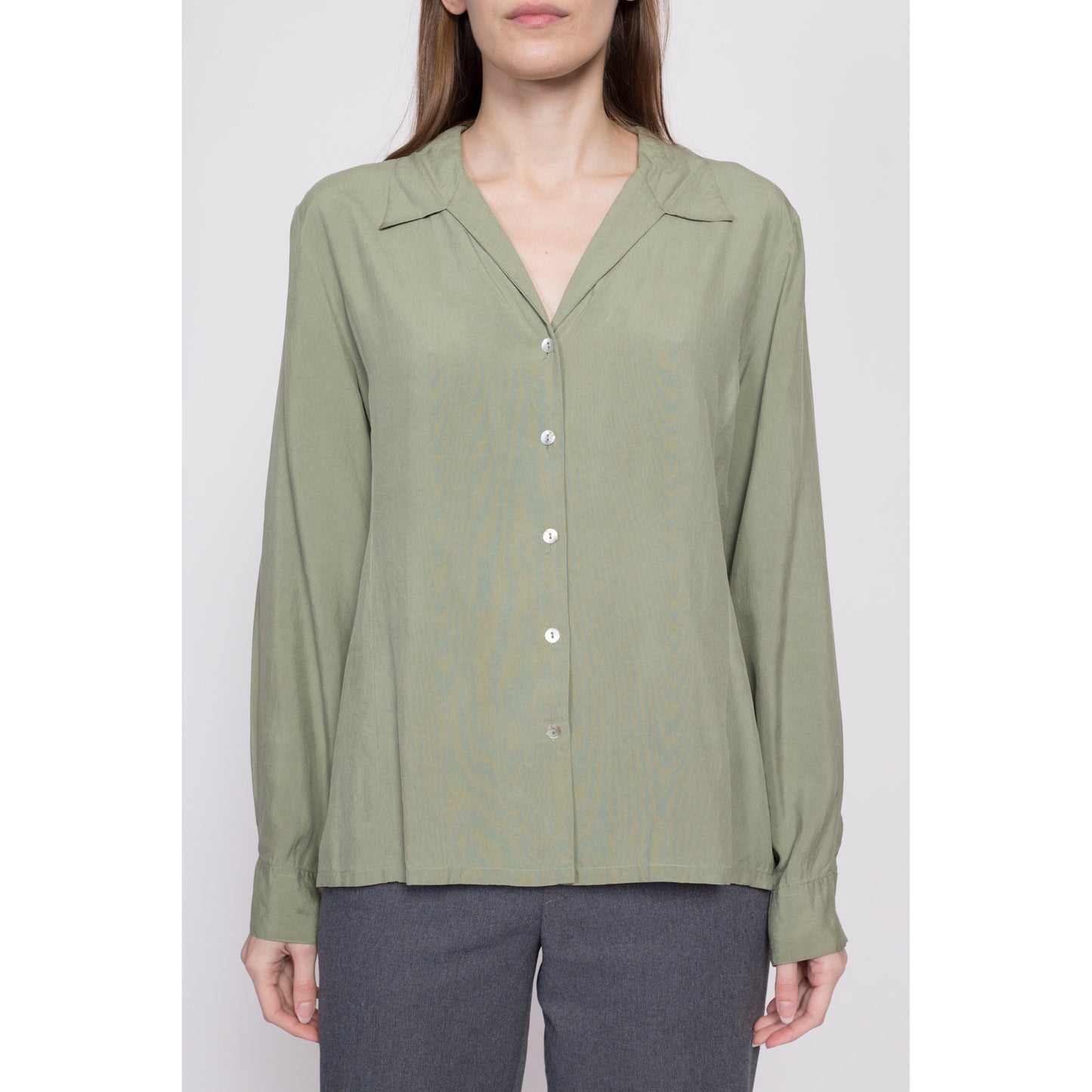 90s Sage Green Silk Blouse - Extra Large | Vintage Minimalist Long Sleeve Button Up Collared Shirt