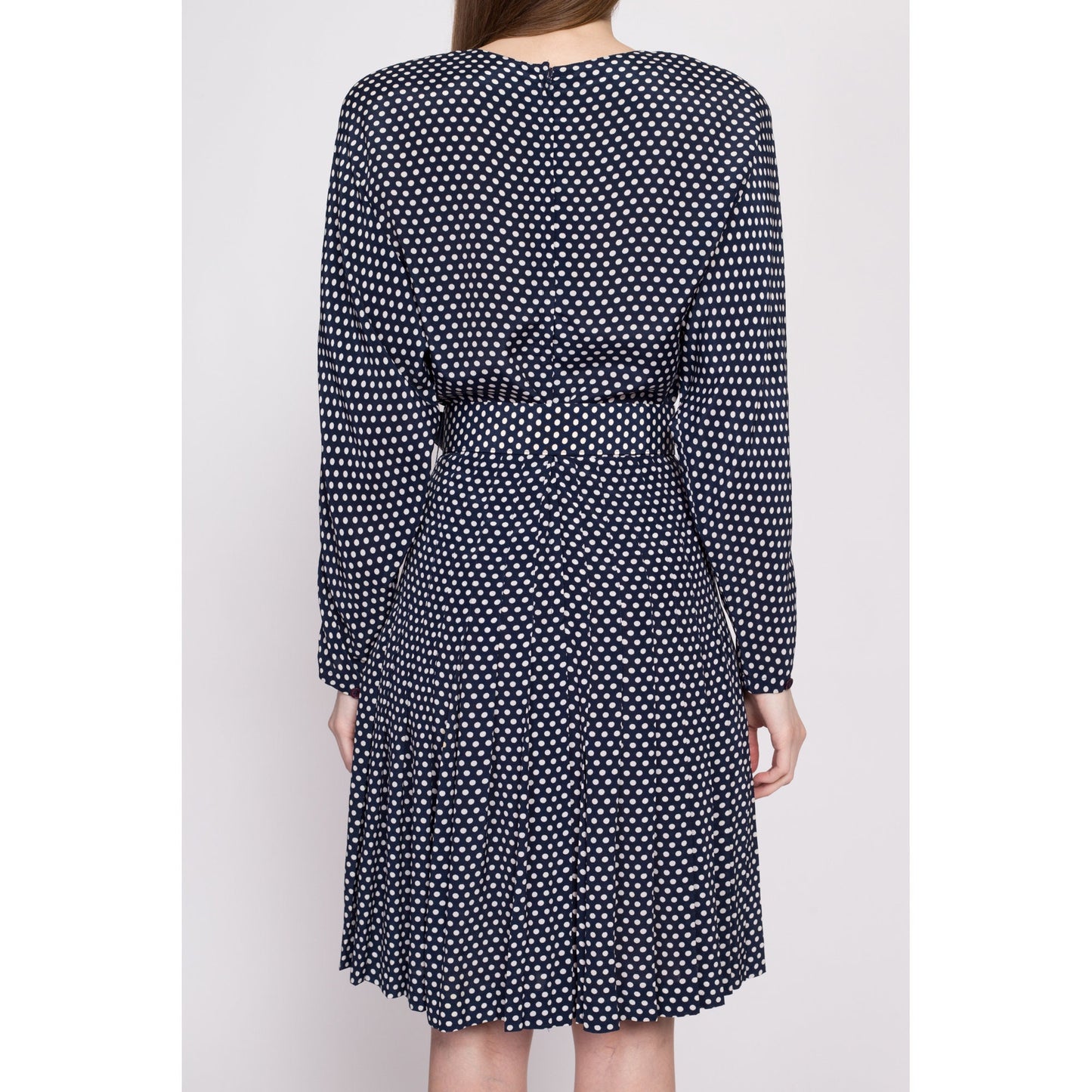 80s Polka Dot Belted Dolman Sleeve Dress - Small | Vintage Ann Tjian Kenar Navy Blue Pleated Secretary Midi Dress