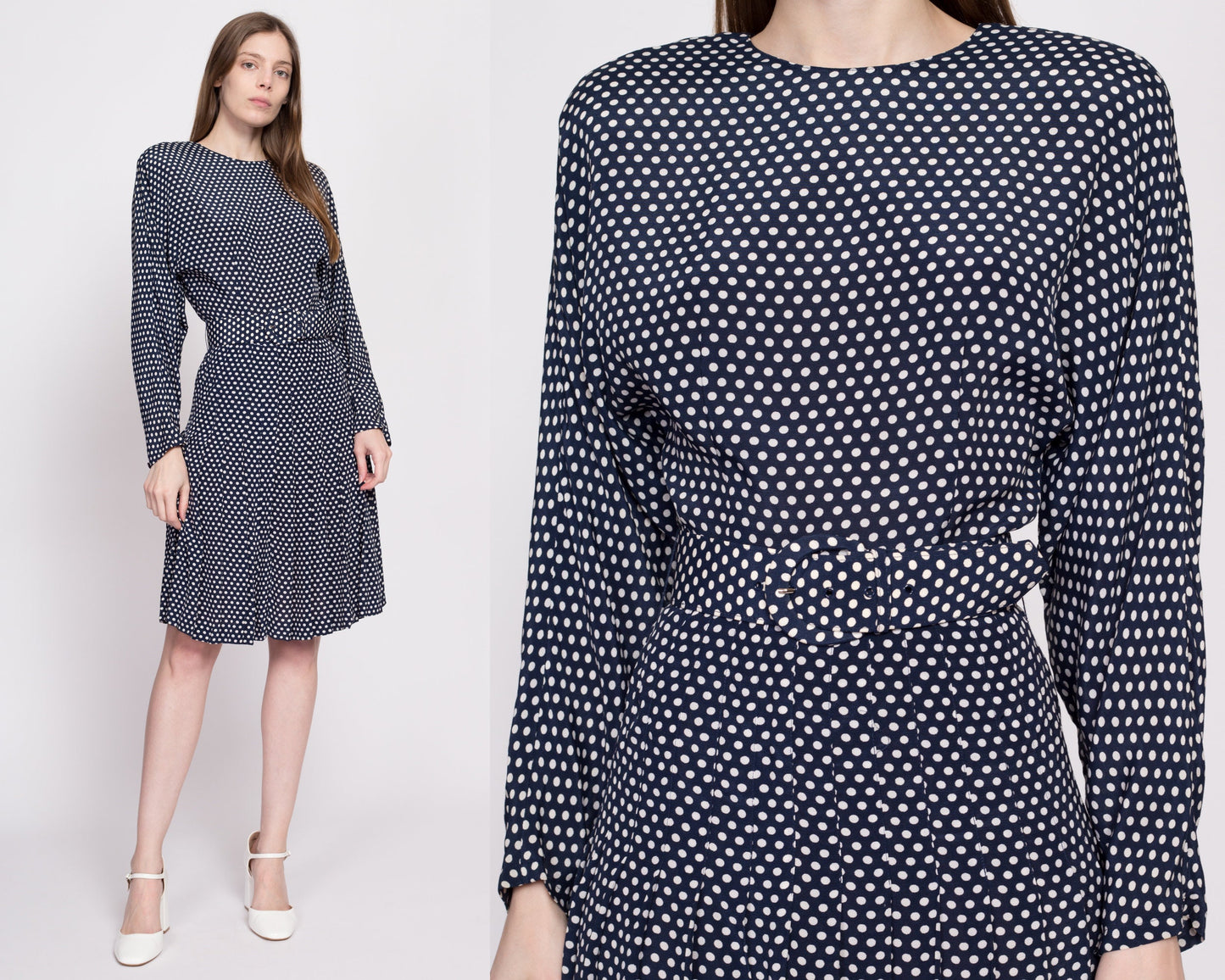 80s Polka Dot Belted Dolman Sleeve Dress - Small | Vintage Ann Tjian Kenar Navy Blue Pleated Secretary Midi Dress
