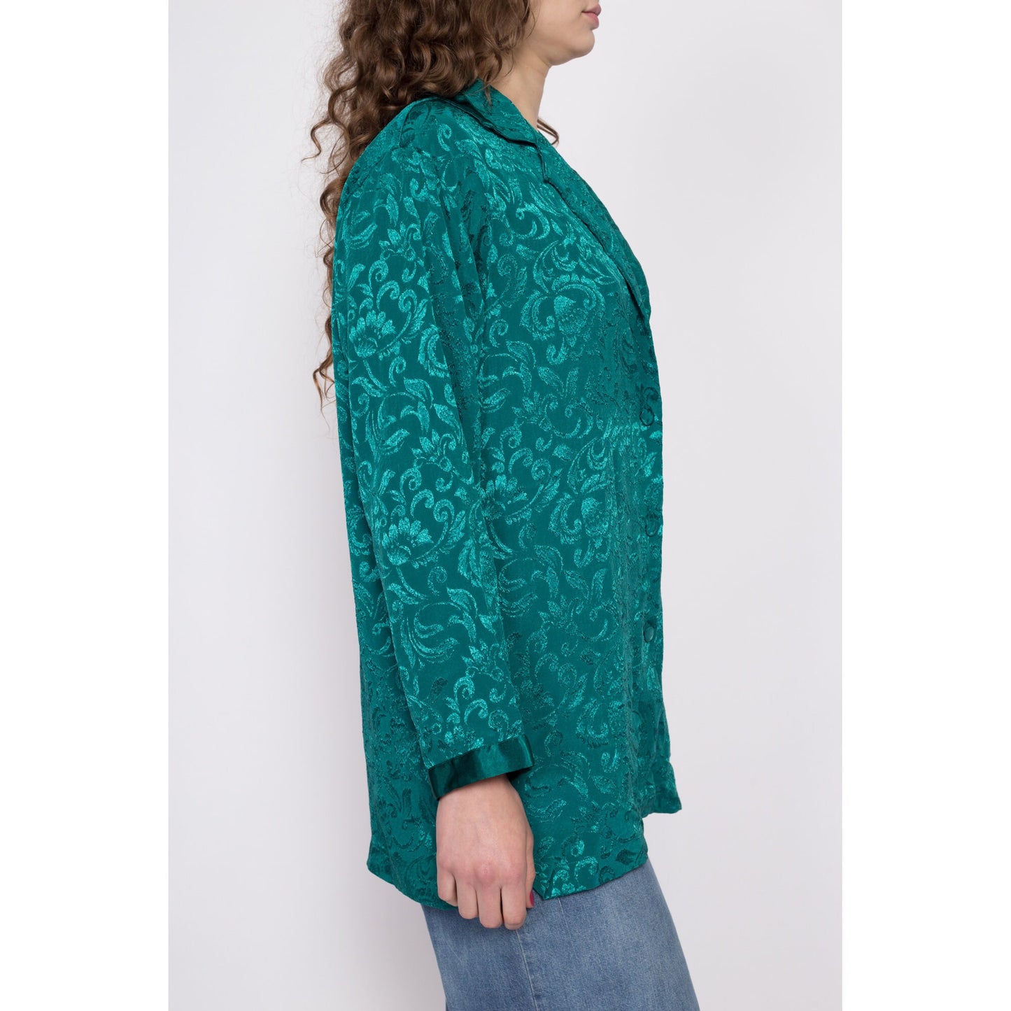 80s Victoria's Secret Jade Green Gold Crown Label Lounge Top - Small | Vintage Jacquard Satin Long Sleeve Pajama Shirt