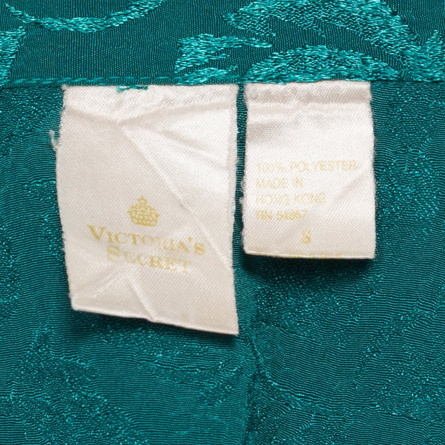 80s Victoria's Secret Jade Green Gold Crown Label Lounge Top - Small | Vintage Jacquard Satin Long Sleeve Pajama Shirt