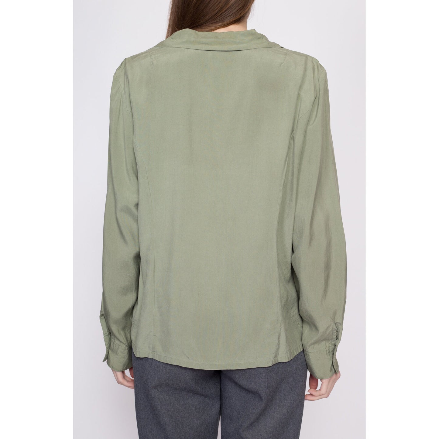 90s Sage Green Silk Blouse - Extra Large | Vintage Minimalist Long Sleeve Button Up Collared Shirt