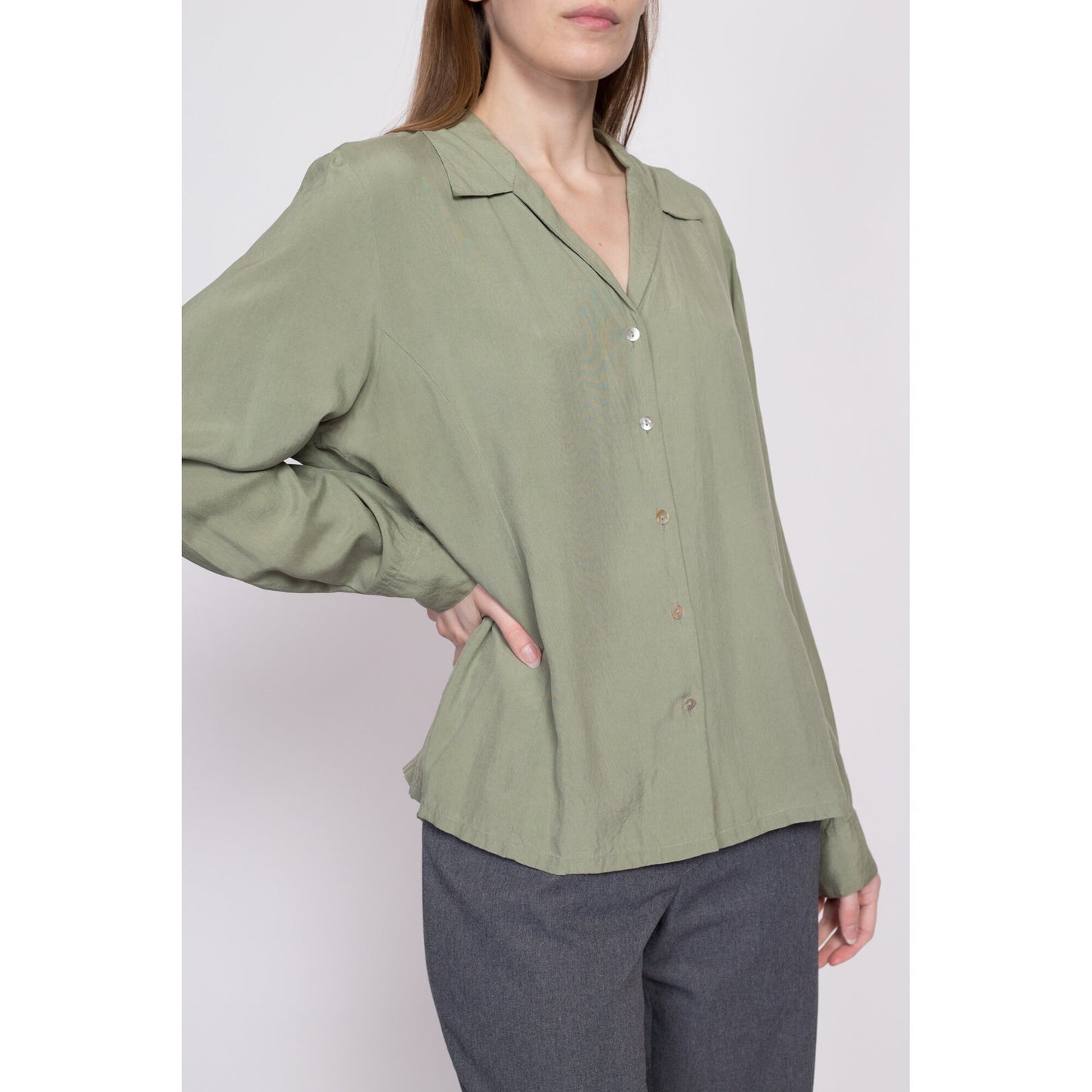 90s Sage Green Silk Blouse - Extra Large | Vintage Minimalist Long Sleeve Button Up Collared Shirt
