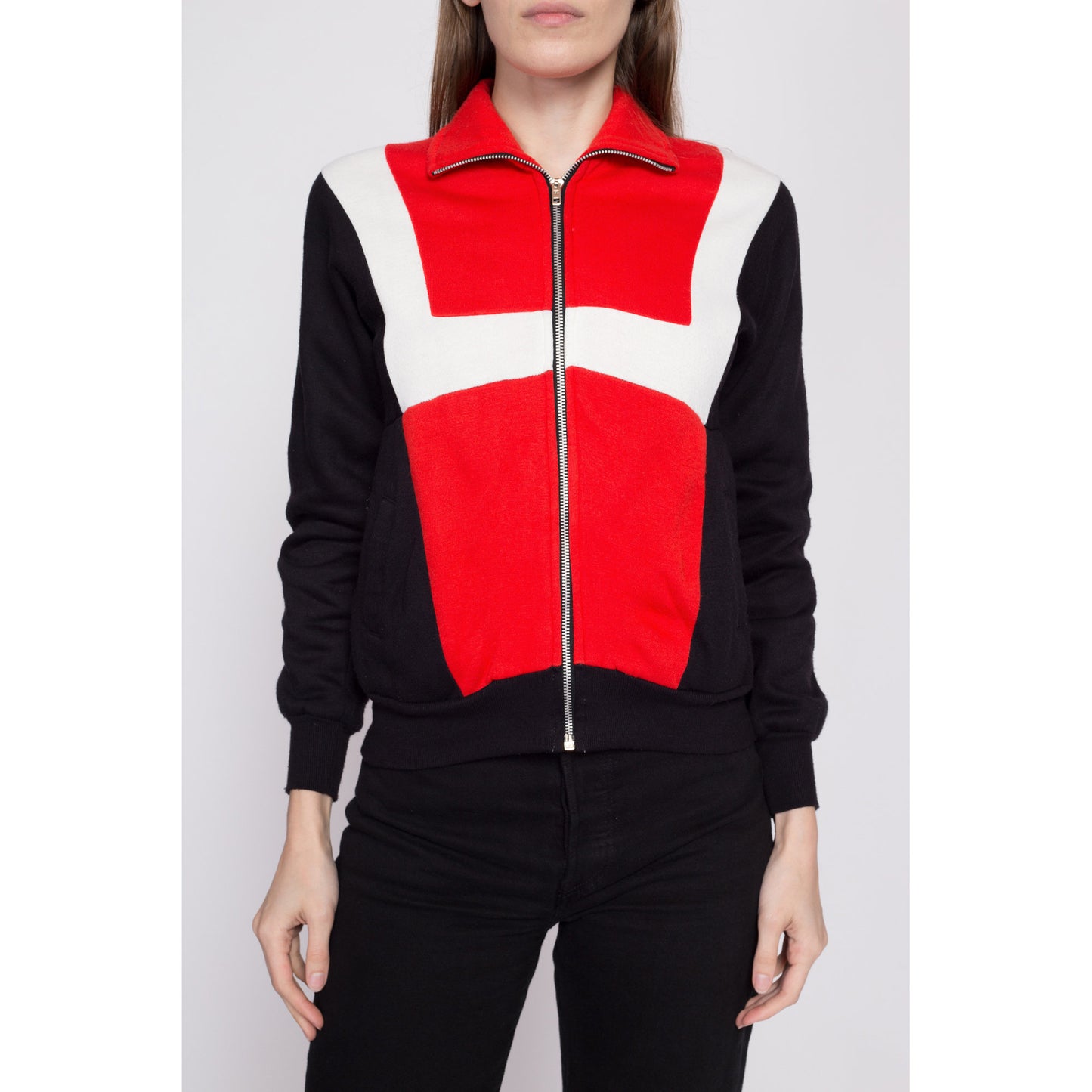 80s Color Block Track Jacket - Extra Small | Vintage Red Black Retro Zip Up Sweatshirt