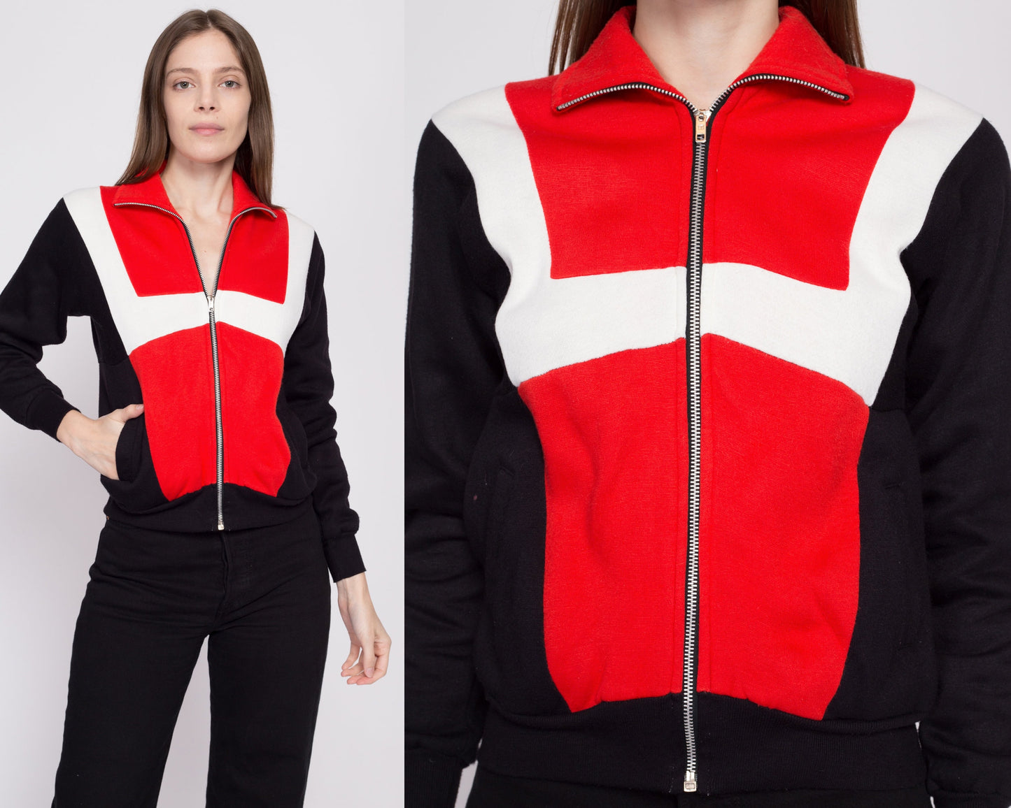 80s Color Block Track Jacket - Extra Small | Vintage Red Black Retro Zip Up Sweatshirt
