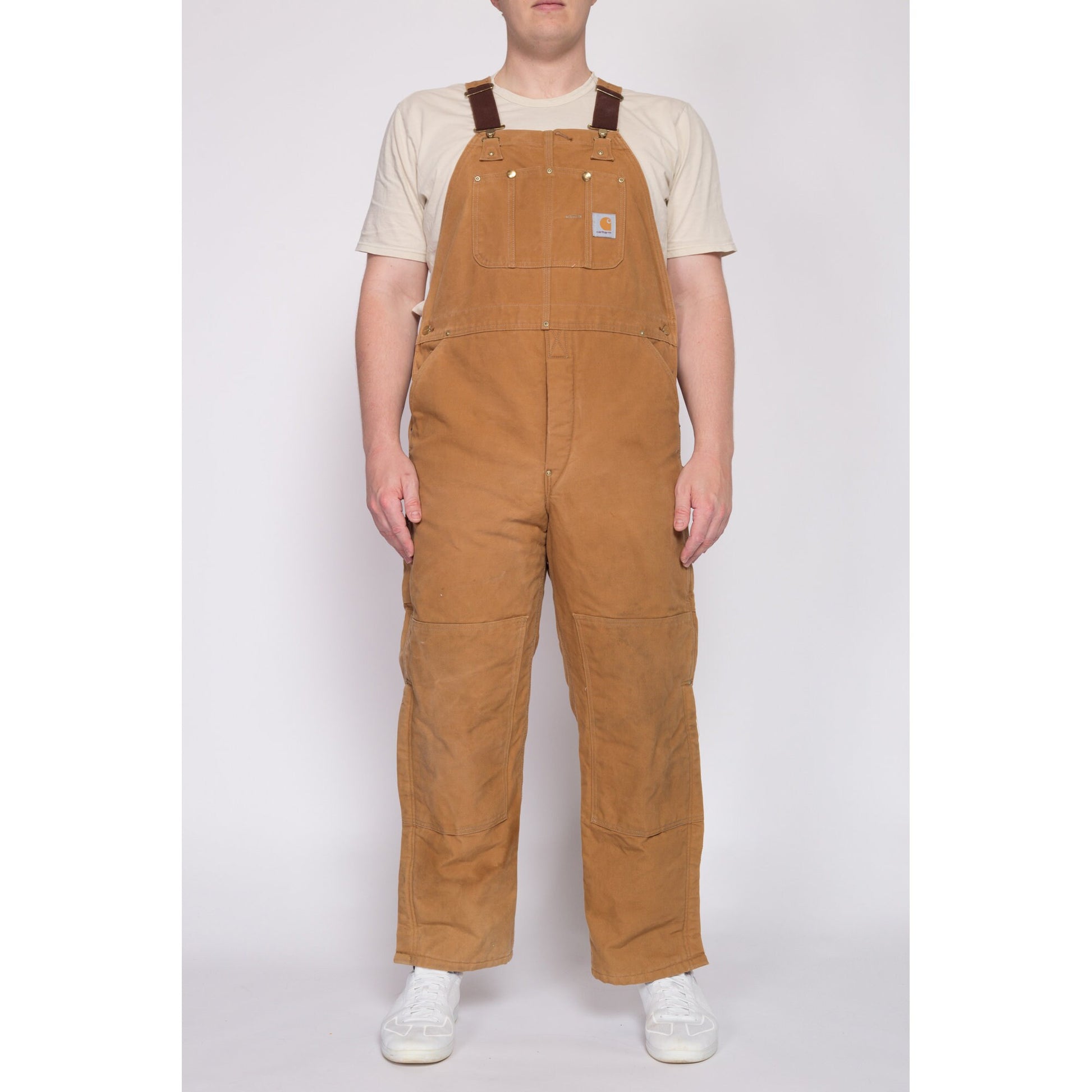 Vintage Carhartt Insulated Quilt Lined Overalls - 44x31 | 90s Y2K Duck Canvas Tan Workwear Jumpsuit