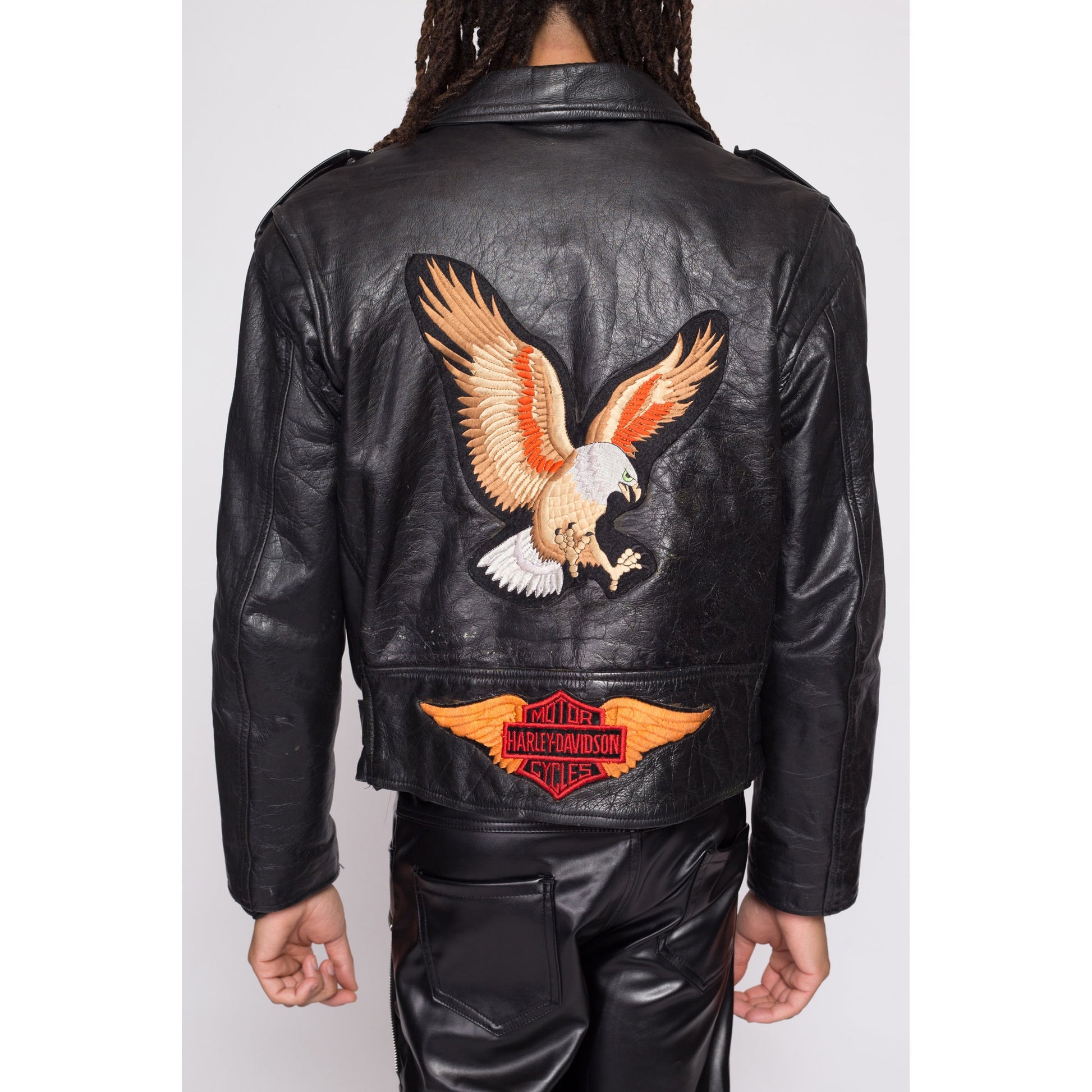 80s Harley Davidson Leather Motorcycle Jacket - Men's Large, Size 44 | Rare Vintage Distressed Moto Biker Logo Eagle Patch Coat