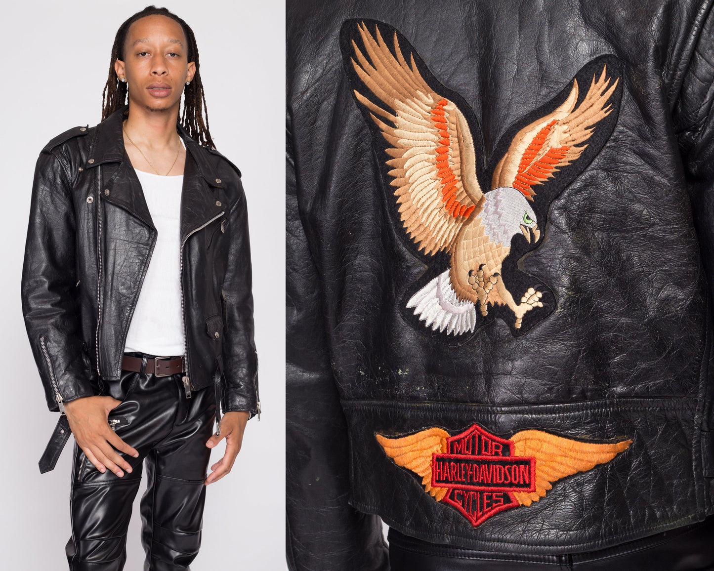 80s Harley Davidson Leather Motorcycle Jacket - Men's Large, Size 44 | Rare Vintage Distressed Moto Biker Logo Eagle Patch Coat