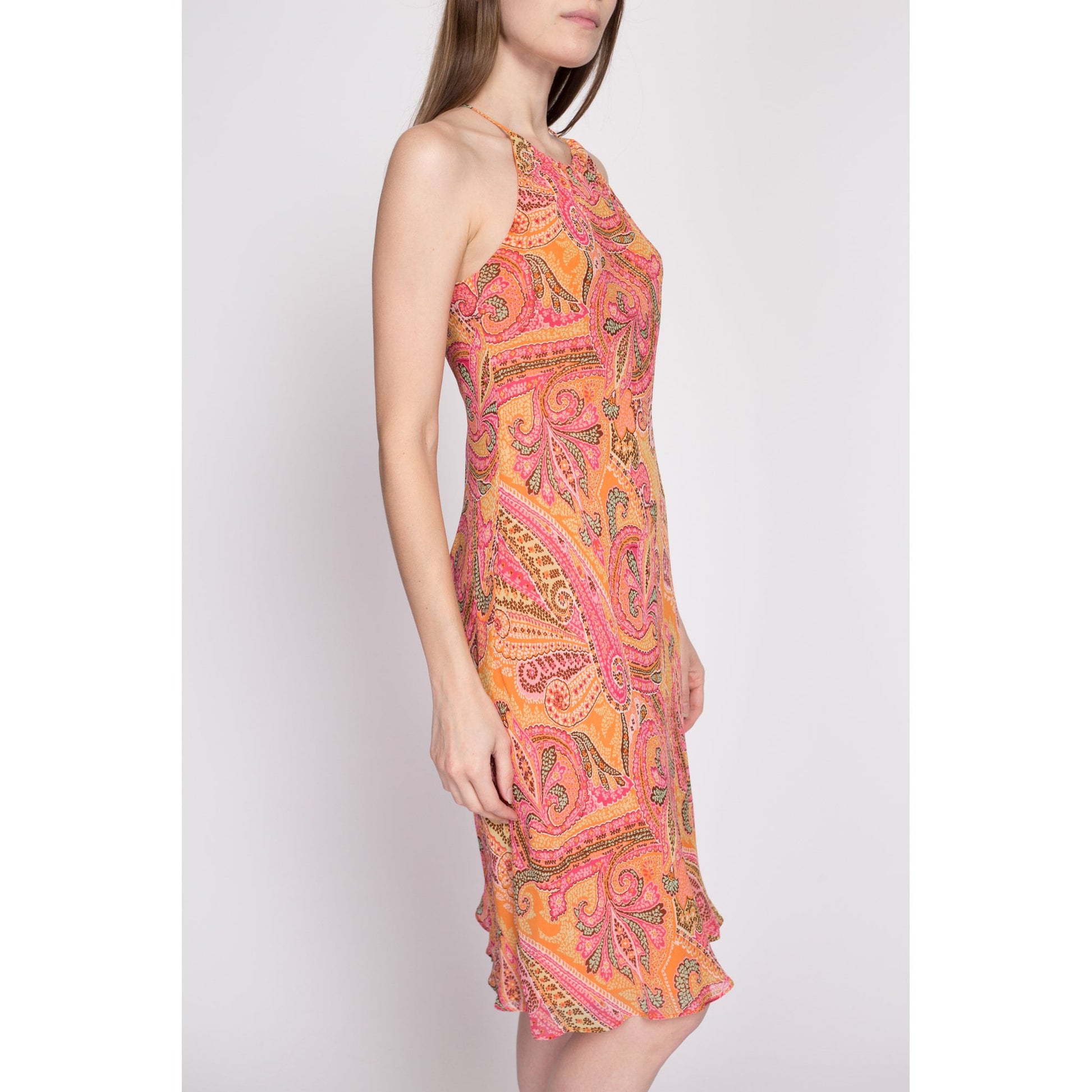 90s Ann Taylor Silk Paisley Slip Dress - XS to Small | Vintage Boho High Halter Neck Keyhole Midi Sundress