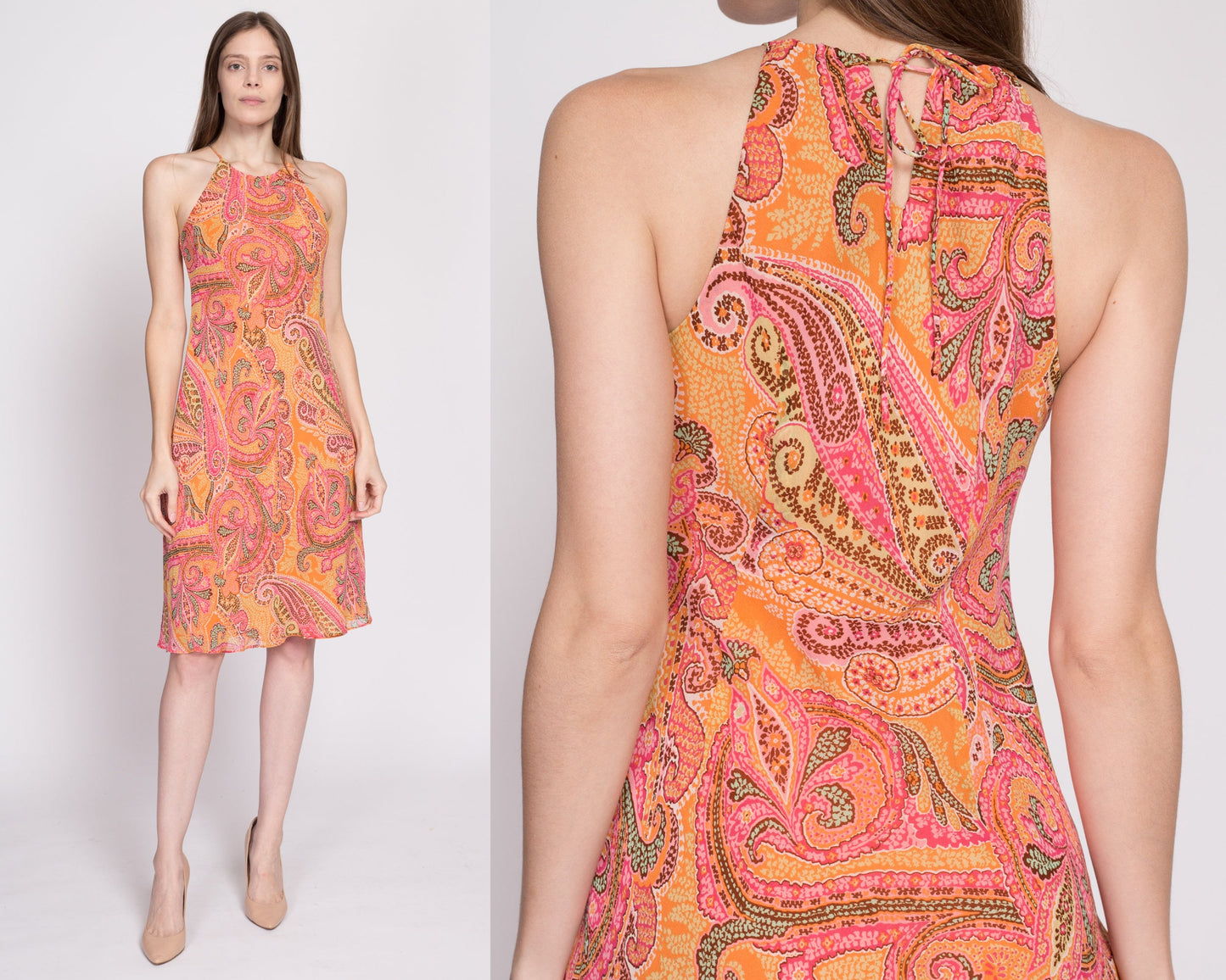 90s Ann Taylor Silk Paisley Slip Dress - XS to Small | Vintage Boho High Halter Neck Keyhole Midi Sundress