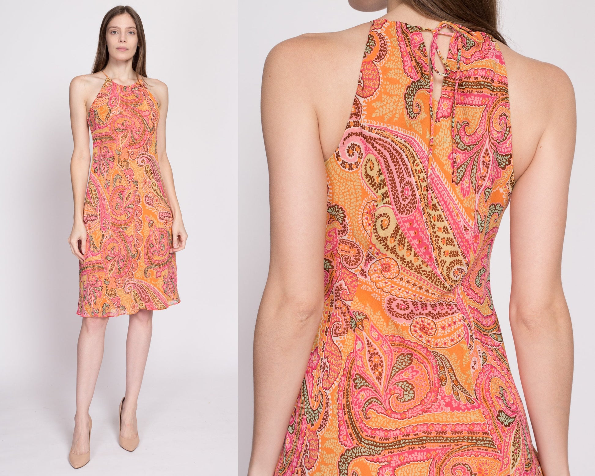 90s Ann Taylor Silk Paisley Slip Dress - XS to Small | Vintage Boho High Halter Neck Keyhole Midi Sundress