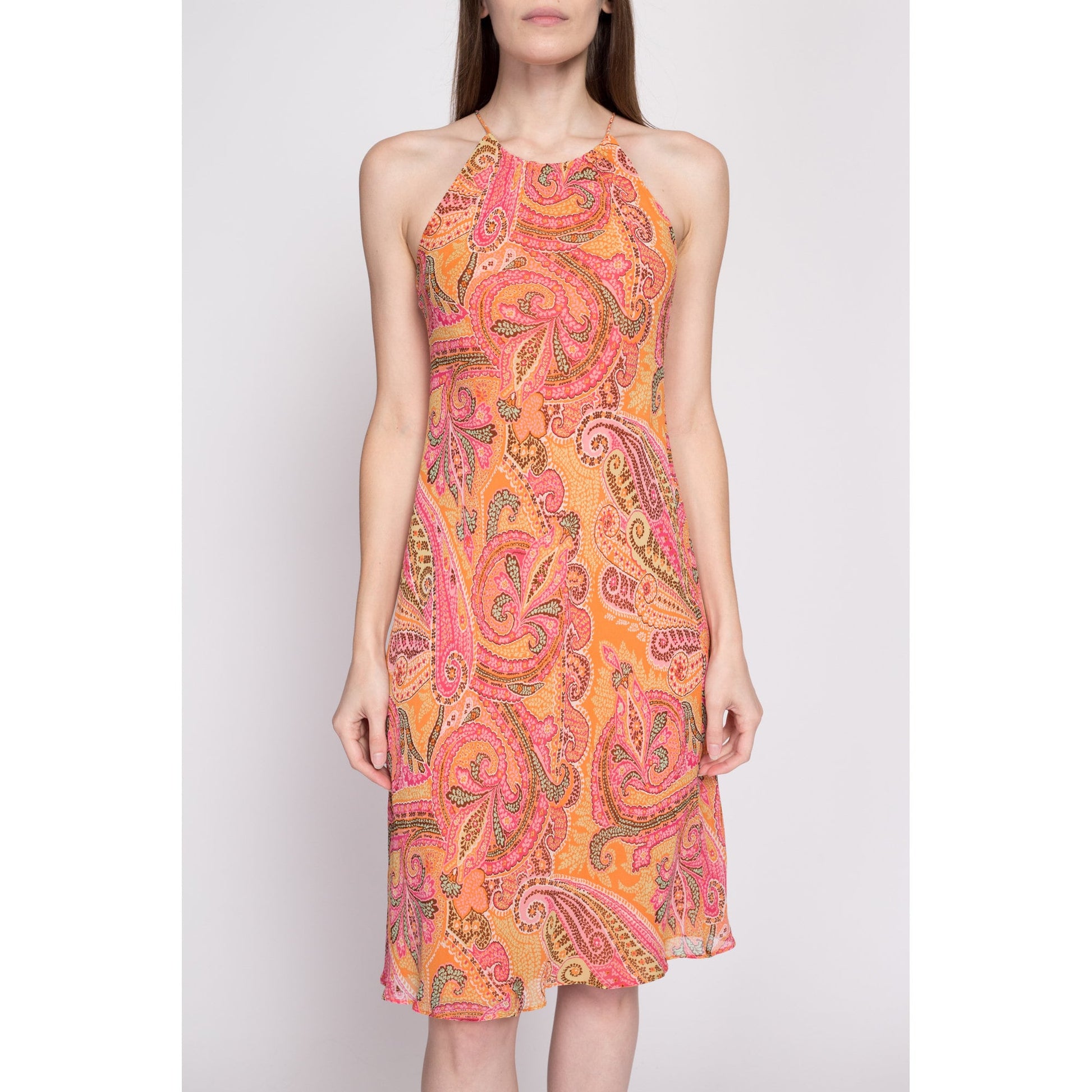 90s Ann Taylor Silk Paisley Slip Dress - XS to Small | Vintage Boho High Halter Neck Keyhole Midi Sundress