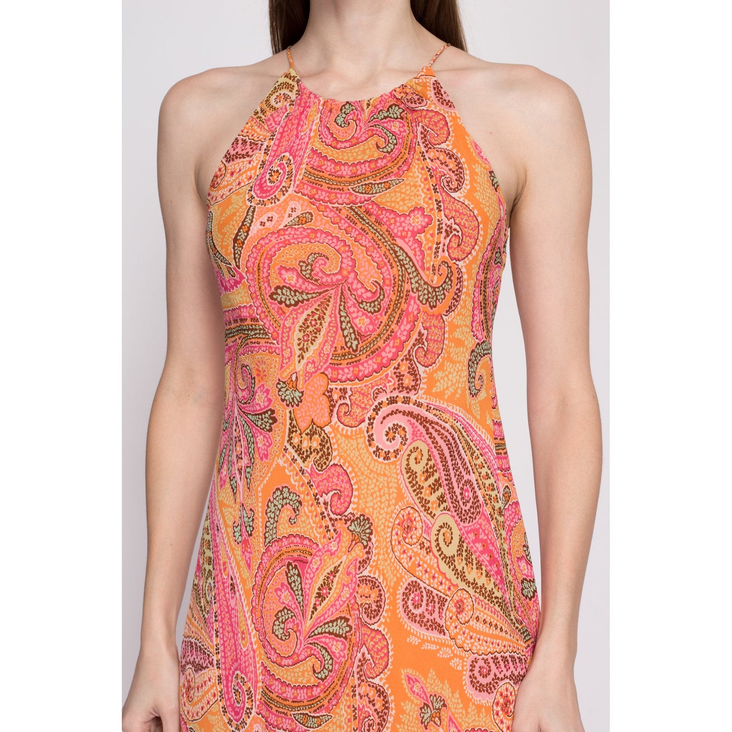 90s Ann Taylor Silk Paisley Slip Dress - XS to Small | Vintage Boho High Halter Neck Keyhole Midi Sundress
