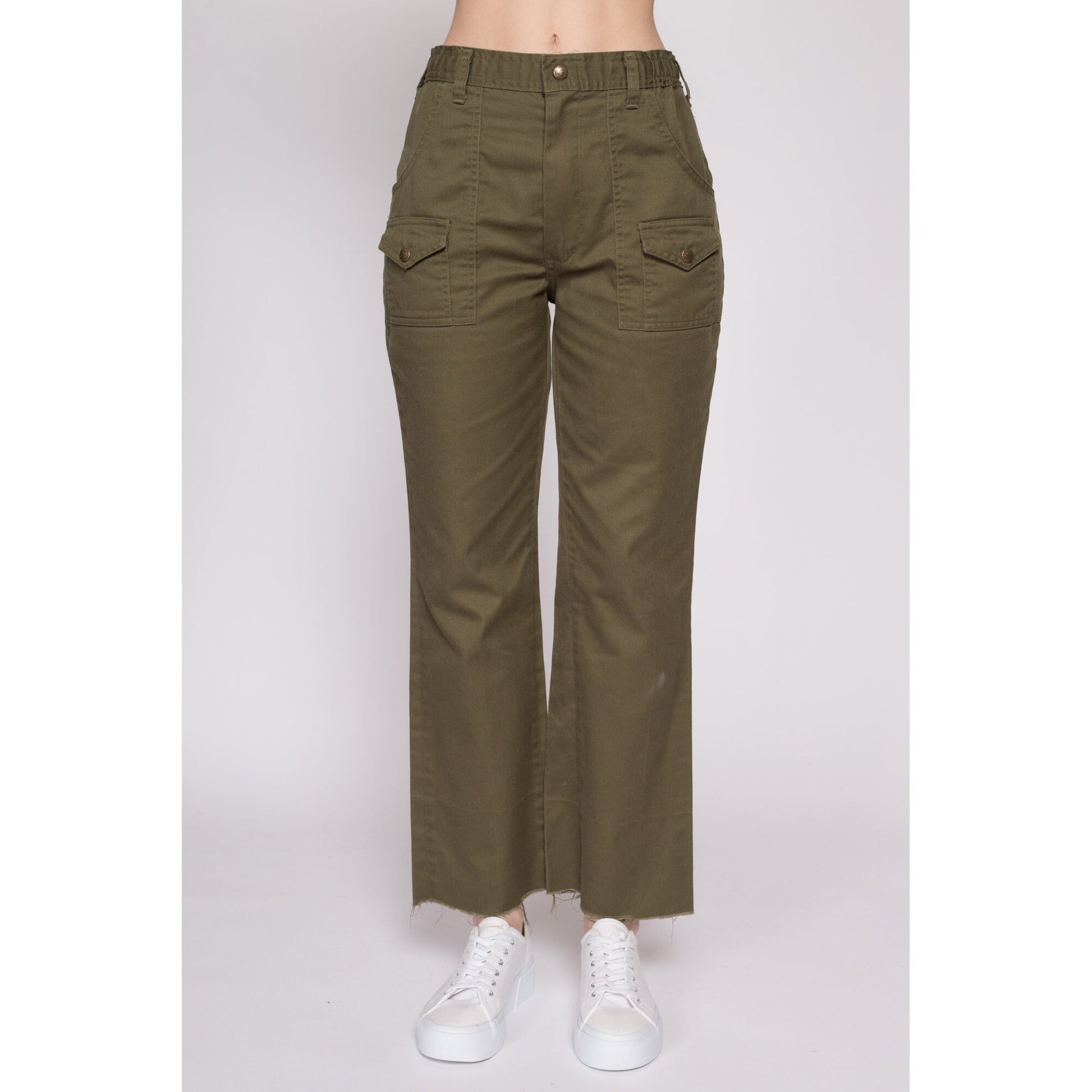 Sml-Med 70s Boy Scout Uniform Pants 27"-29" | Vintage High Waisted Olive Green Utility Cargo Trousers