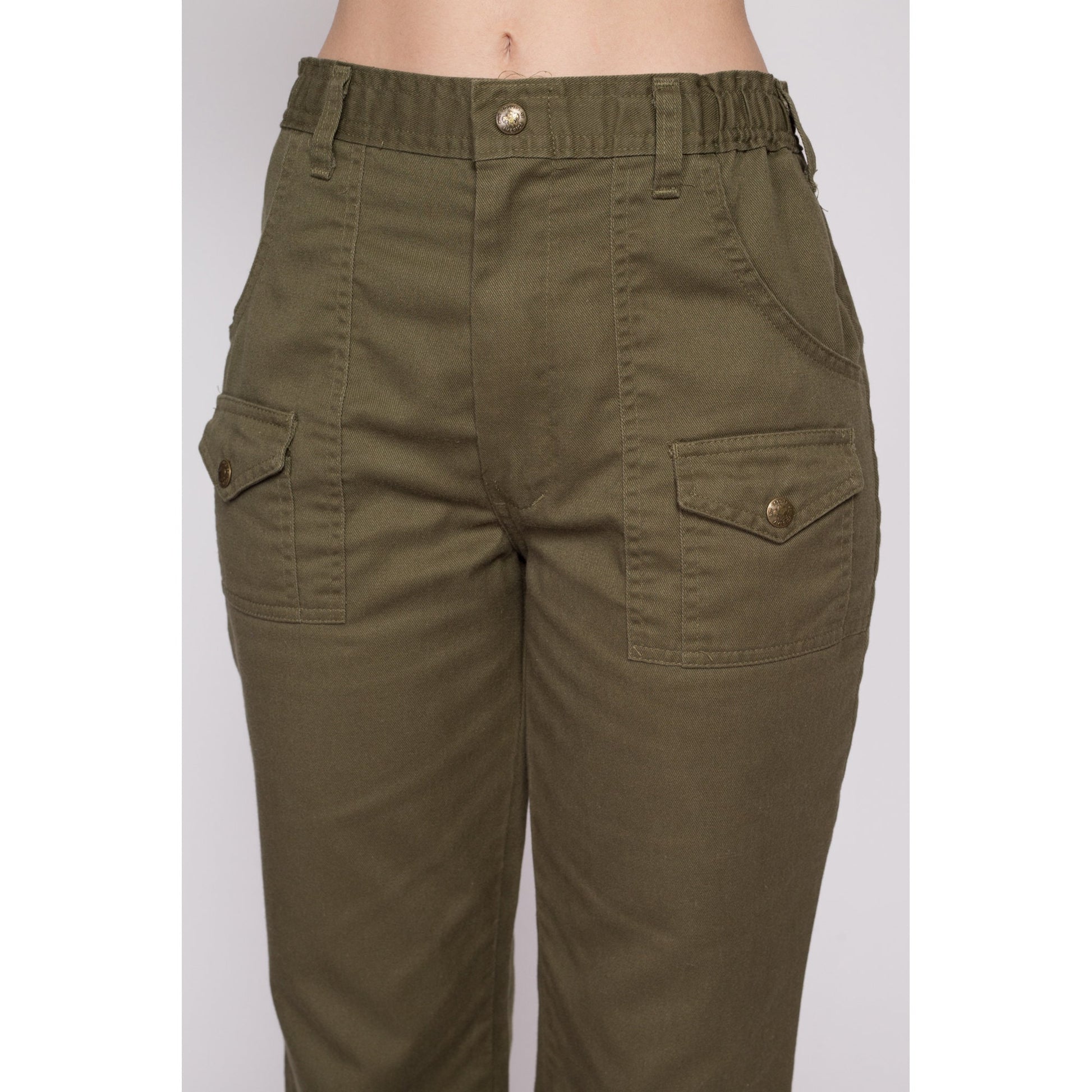 Sml-Med 70s Boy Scout Uniform Pants 27"-29" | Vintage High Waisted Olive Green Utility Cargo Trousers