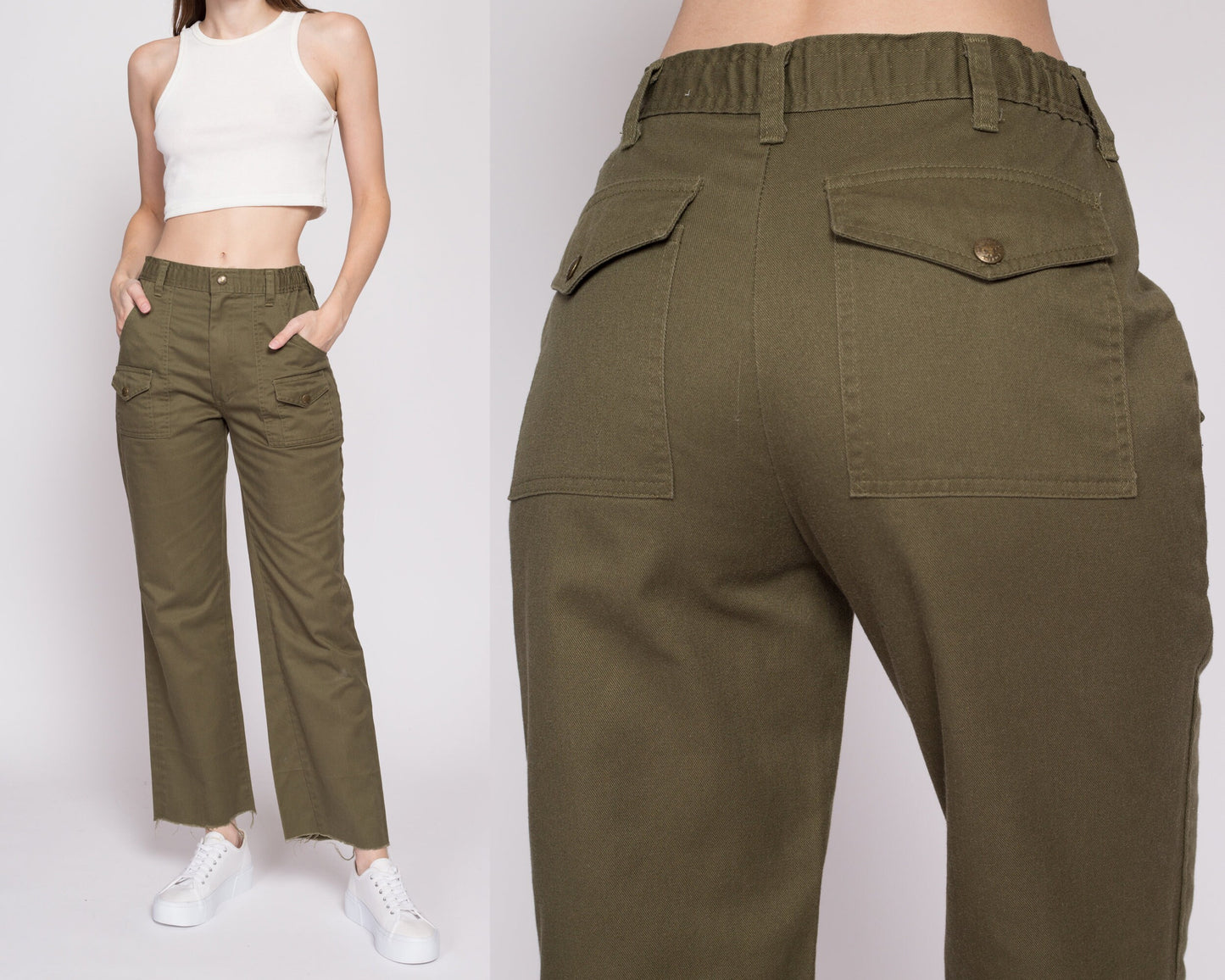 Sml-Med 70s Boy Scout Uniform Pants 27"-29" | Vintage High Waisted Olive Green Utility Cargo Trousers