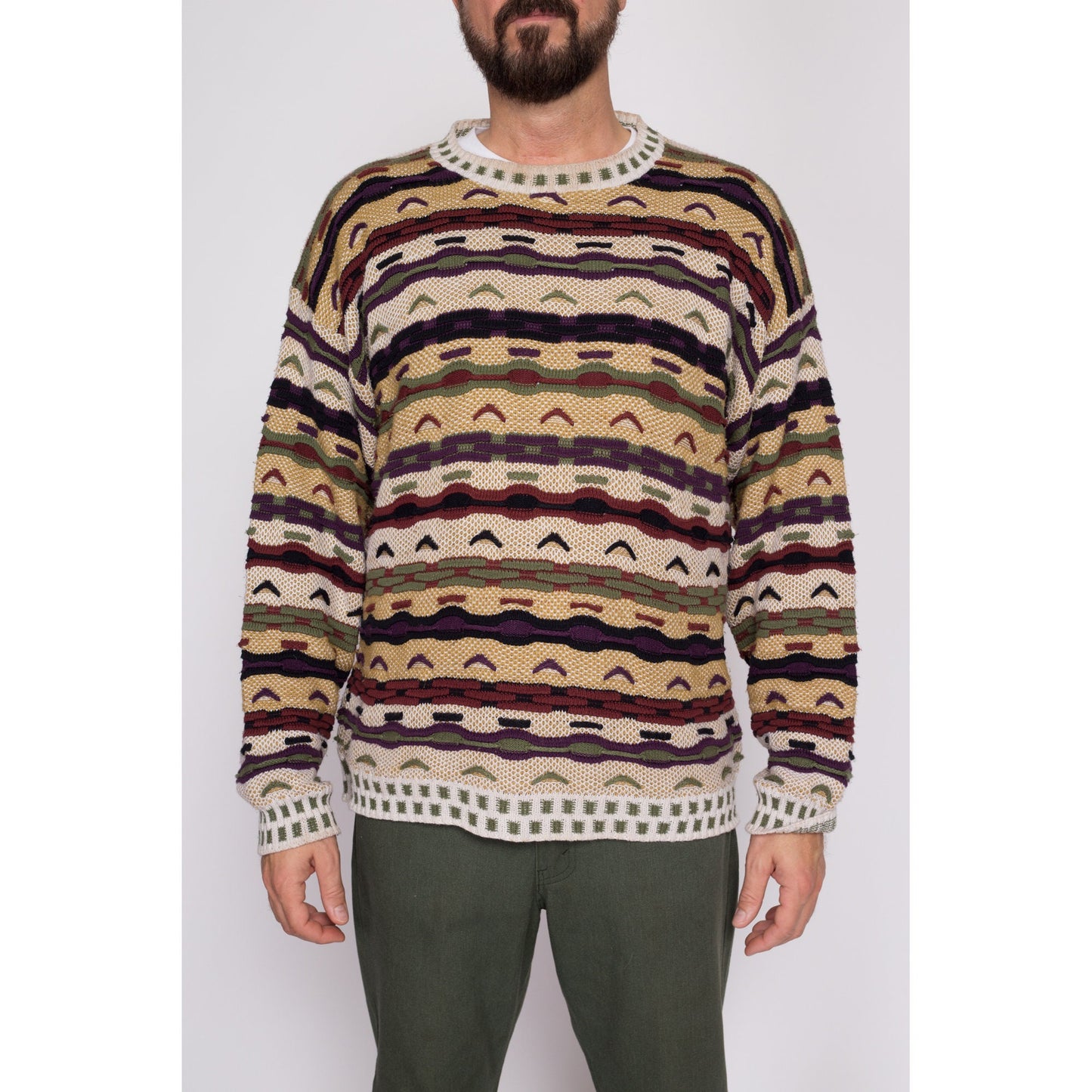 Large 90s Coogi Style 3D Knit Sweater | Vintage Textured Striped Knit Streetwear Pullover