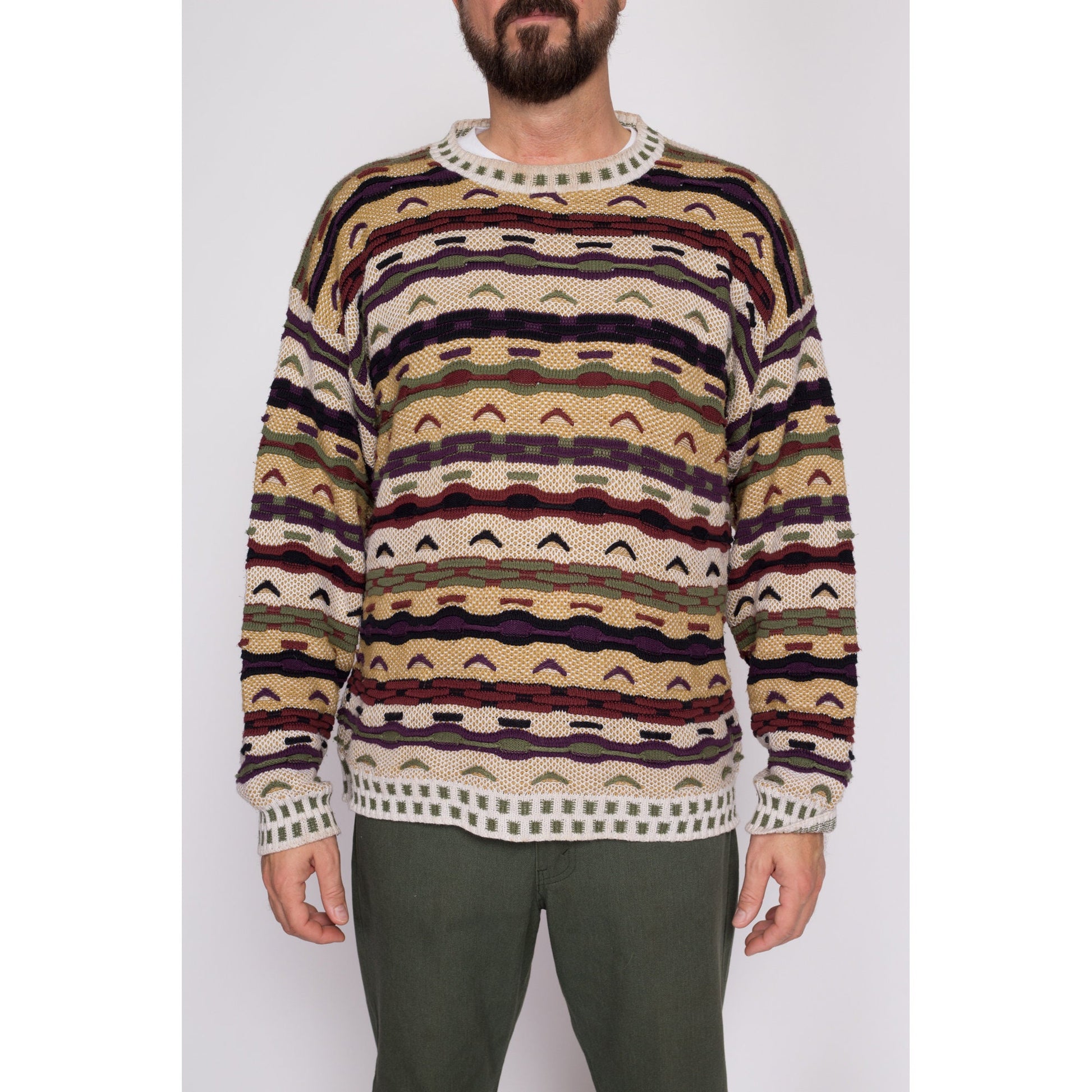 Large 90s Coogi Style 3D Knit Sweater | Vintage Textured Striped Knit Streetwear Pullover