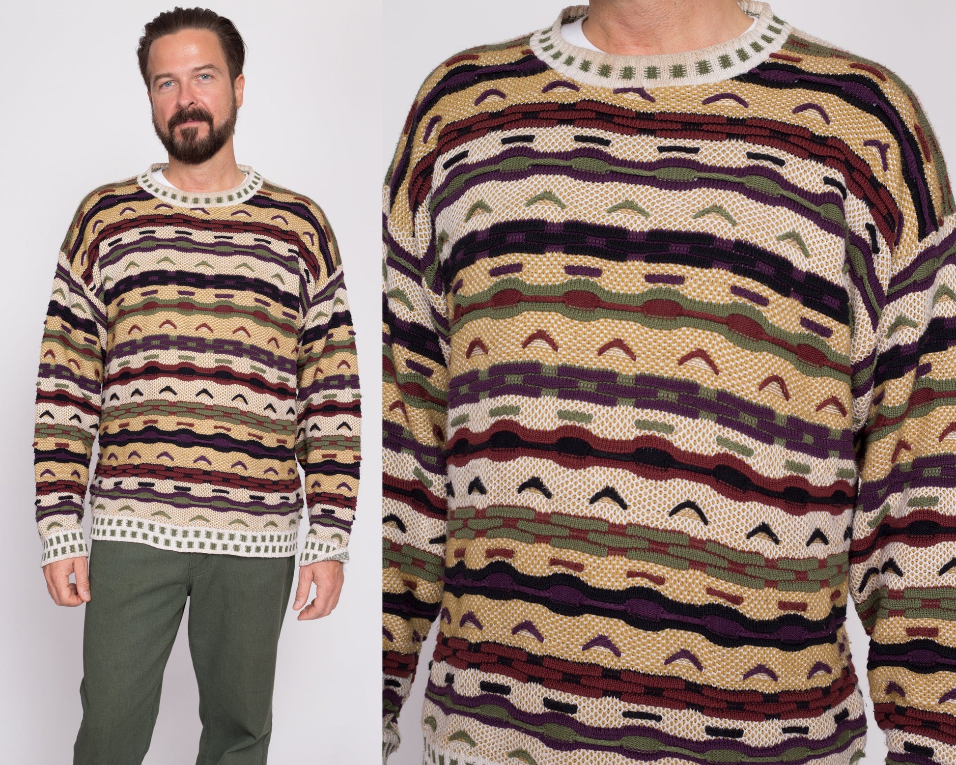 Large 90s Coogi Style 3D Knit Sweater | Vintage Textured Striped Knit Streetwear Pullover