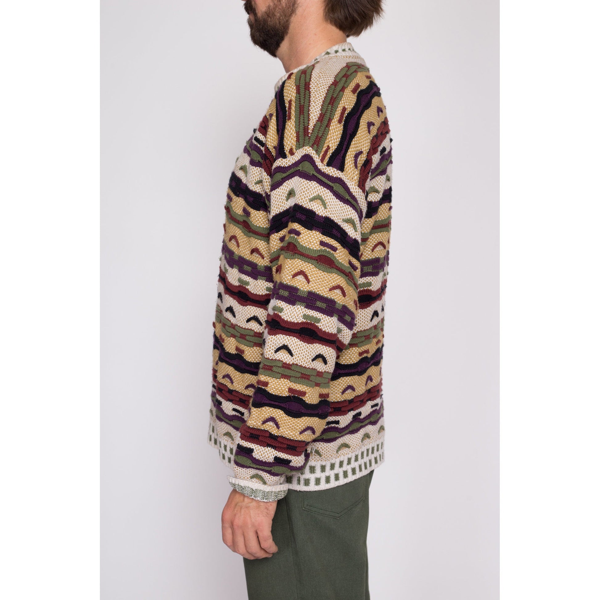 Large 90s Coogi Style 3D Knit Sweater | Vintage Textured Striped Knit Streetwear Pullover