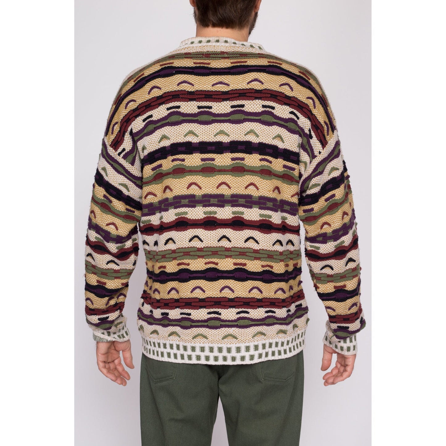 Large 90s Coogi Style 3D Knit Sweater | Vintage Textured Striped Knit Streetwear Pullover