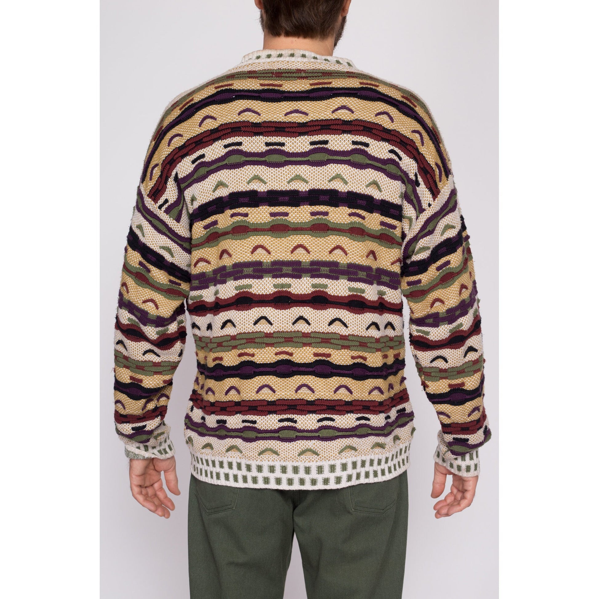 Large 90s Coogi Style 3D Knit Sweater | Vintage Textured Striped Knit Streetwear Pullover