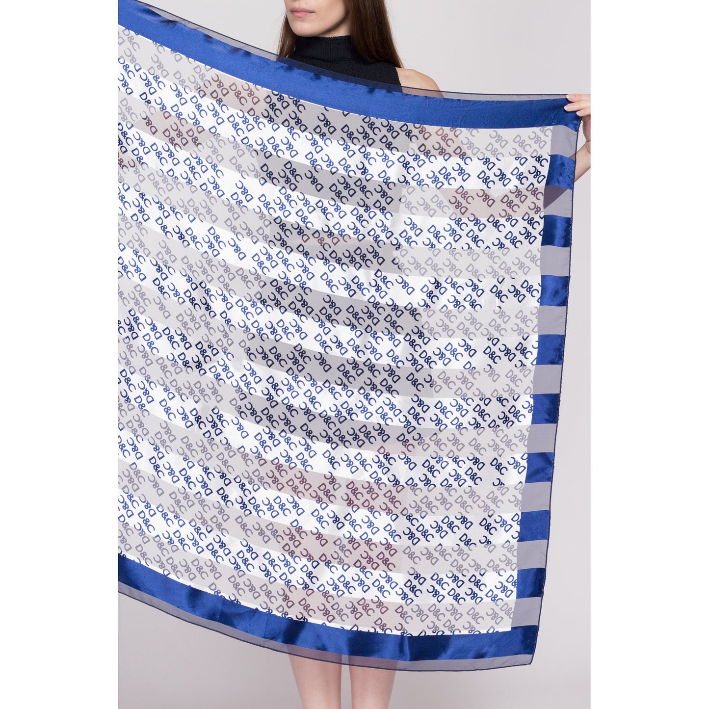 Vintage D&C Blue White Striped Sheer Square Scarf