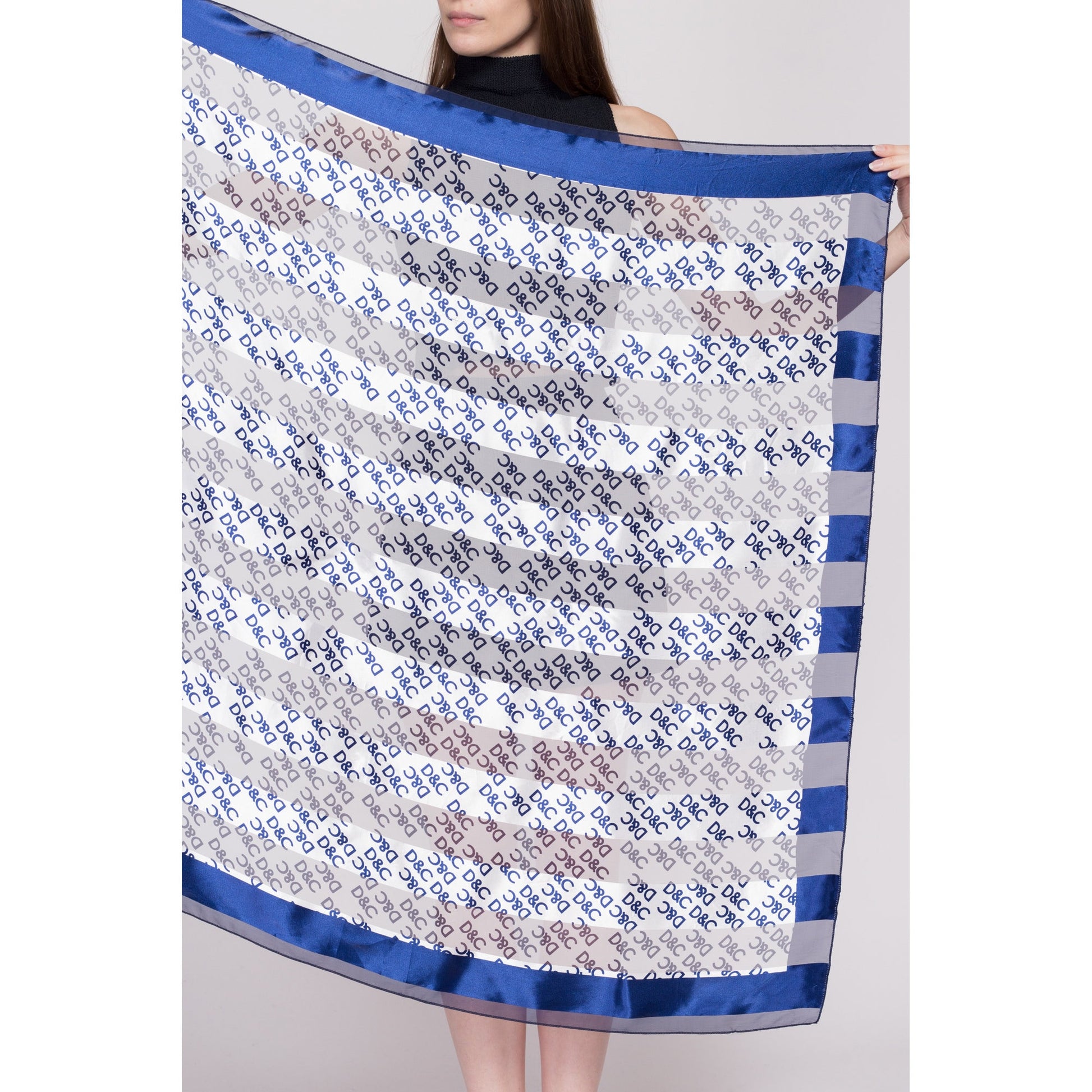 Vintage D&C Blue White Striped Sheer Square Scarf