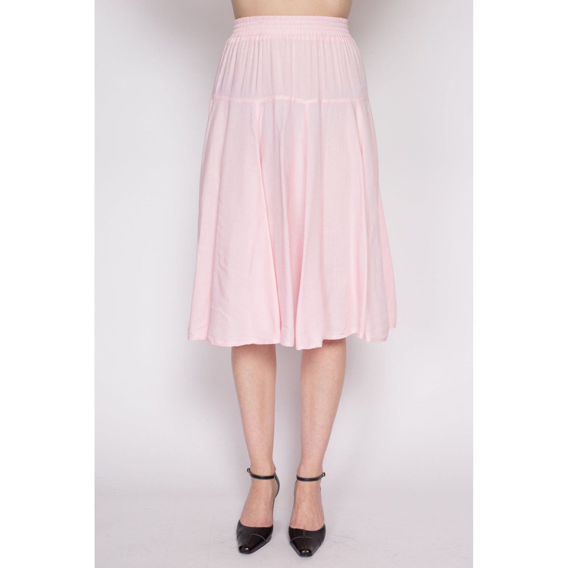 Small 80s Pastel Pink Skirt Set | Vintage Epaulette Blouse High Waist Midi Skirt Matching Two Piece Outfit