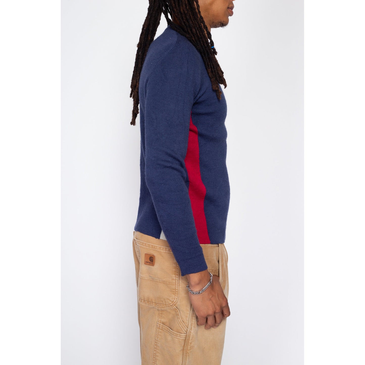 Small 70s 80s White Stag Blue Striped Ski Sweater | Vintage Fitted Acrylic Wool Blend Pullover