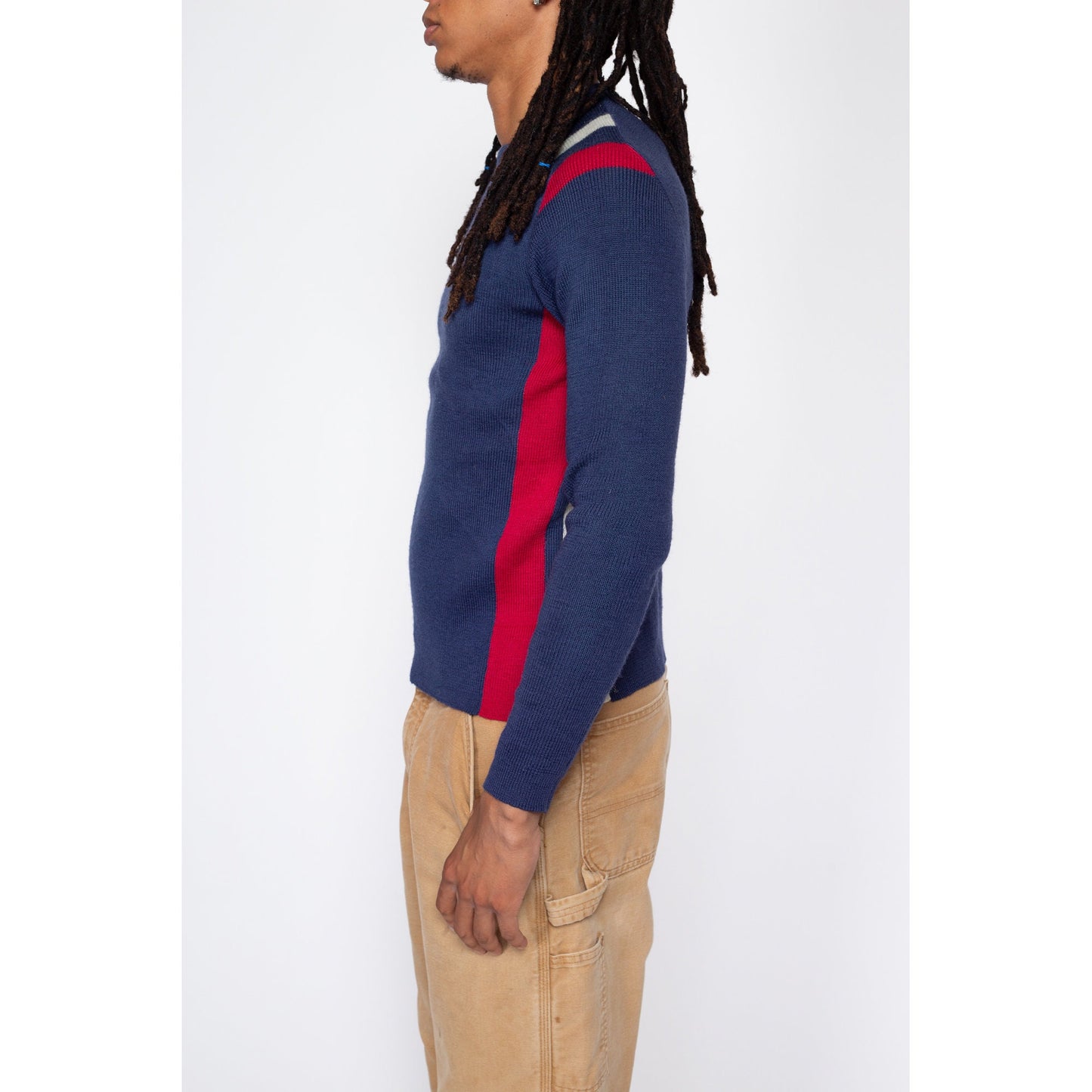 Small 70s 80s White Stag Blue Striped Ski Sweater | Vintage Fitted Acrylic Wool Blend Pullover