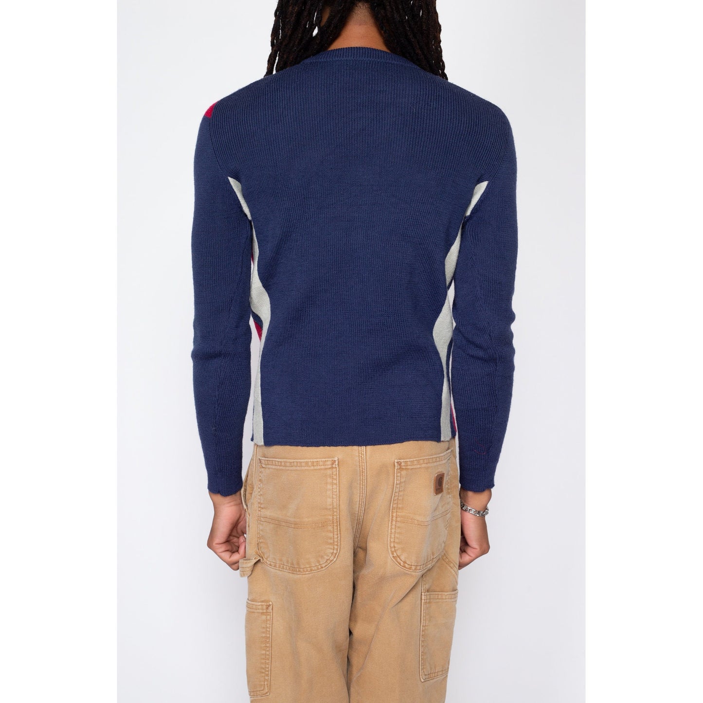 Small 70s 80s White Stag Blue Striped Ski Sweater | Vintage Fitted Acrylic Wool Blend Pullover