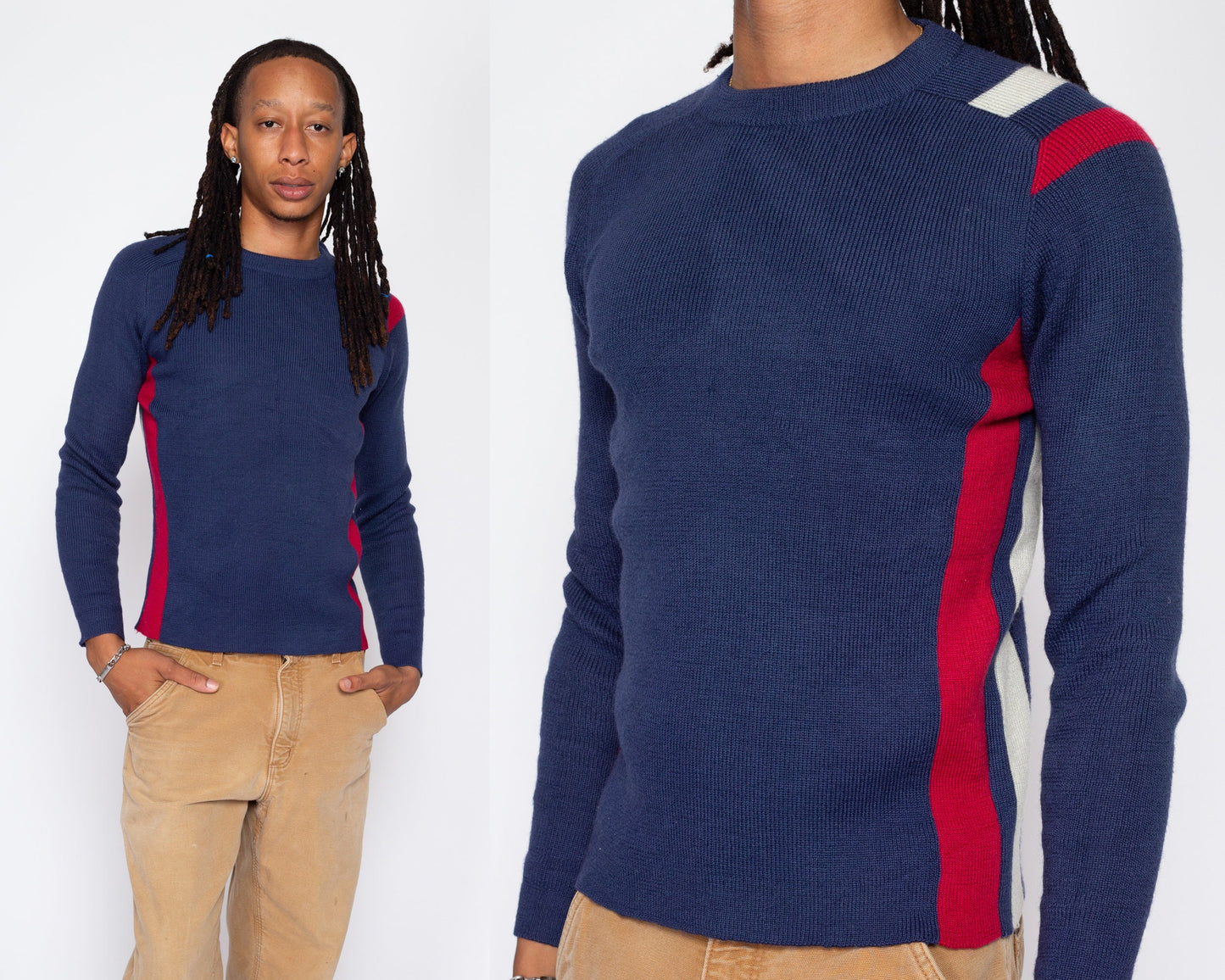 Small 70s 80s White Stag Blue Striped Ski Sweater | Vintage Fitted Acrylic Wool Blend Pullover