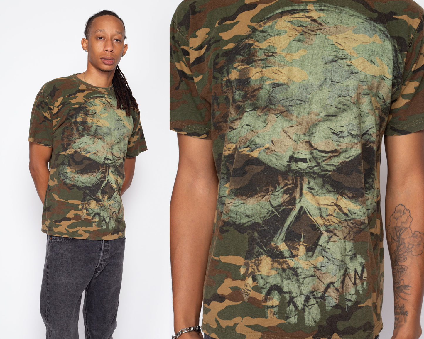 Large Y2K Camo Print Skull T Shirt | Vintage Camouflage Graphic Tee