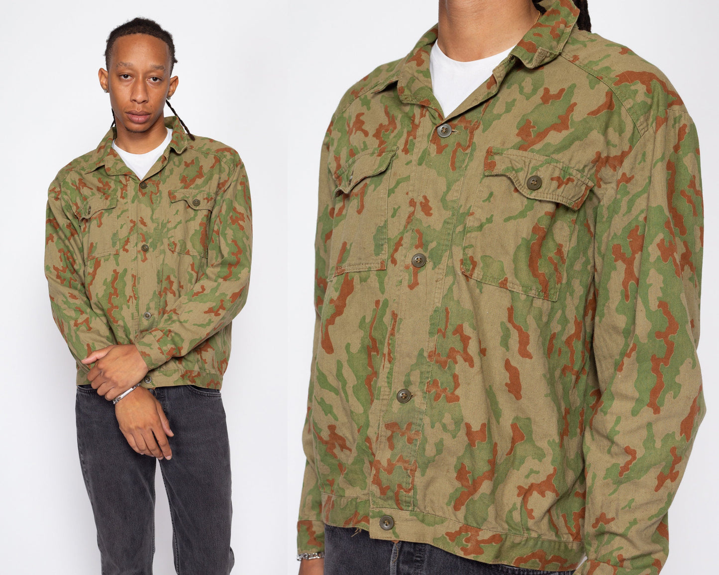 Medium 70s Frogskin Duck Camo Jacket | Vintage Button Up Camouflage Hunting Army Field Shirt